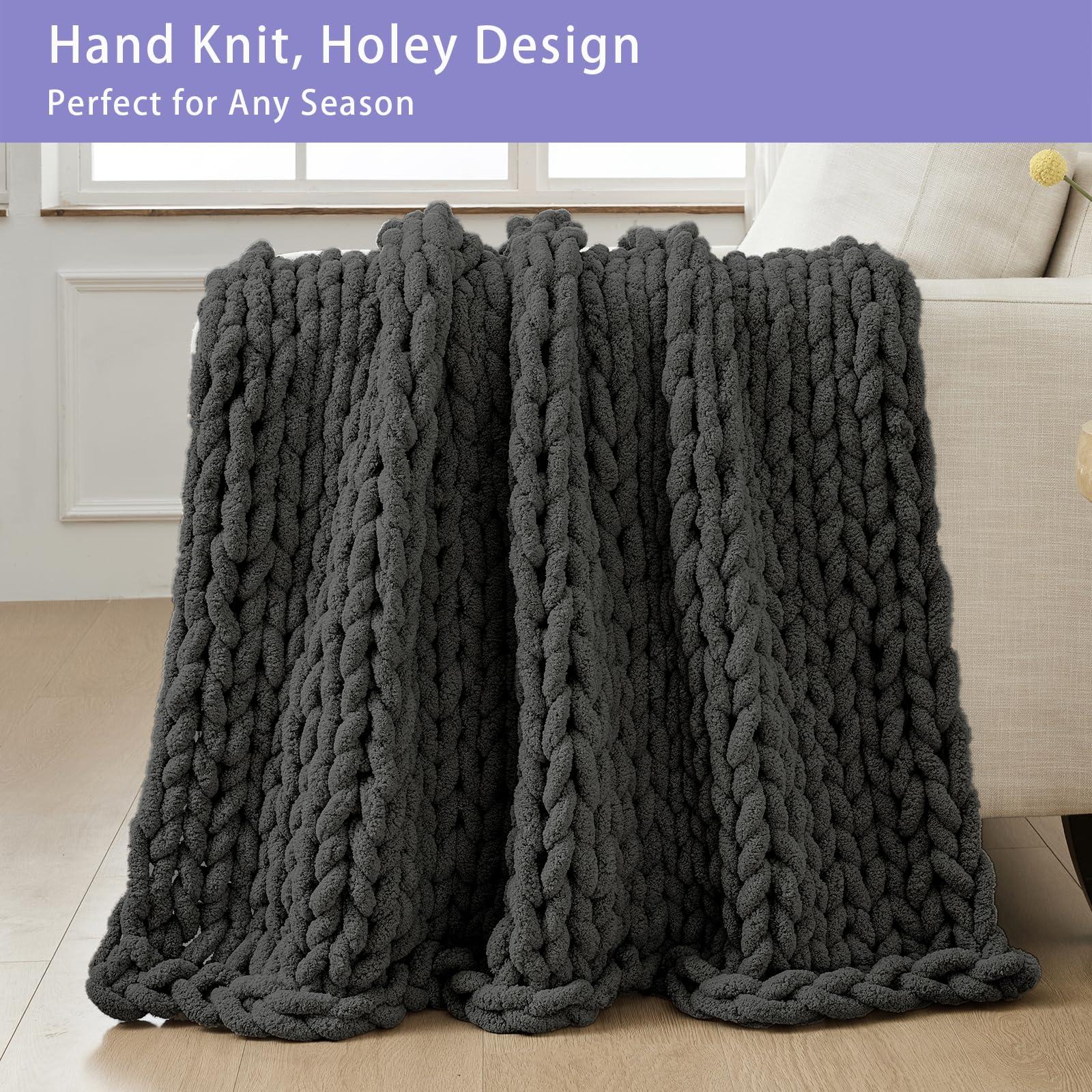 Bigacogo Bigacogo Chunky Knit Throw Blanket for Couch, 40x40 inches, 100% Hand Knitted with Thick Jumbo Chenille Yarn, Cozy Soft Large Rope Knot Cable Crochet Blankets for Sofa Bed Living Room, Dark Grey