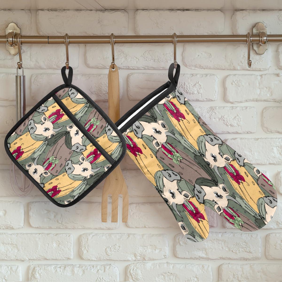 POFATO Gentleman Cow Oven Mitts and Pot Holders Sets Kitchen Oven Mitts Heat Resistant Non-Slip Potholders Oven Gloves and Hot Pads for BBQ Cooking Grilling Baking