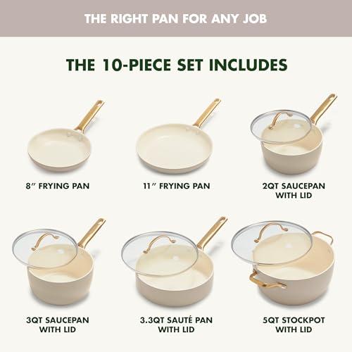 GreenPan GreenPan Reserve 10 Piece Cookware Set, Non-Toxic PFAS-Free Hard Anodized Healthy Ceramic Nonstick, Stainless Steel Gold Handle, Glass Lids, Dishwasher Safe, Oven & Broiler Safe, Taupe Brown
