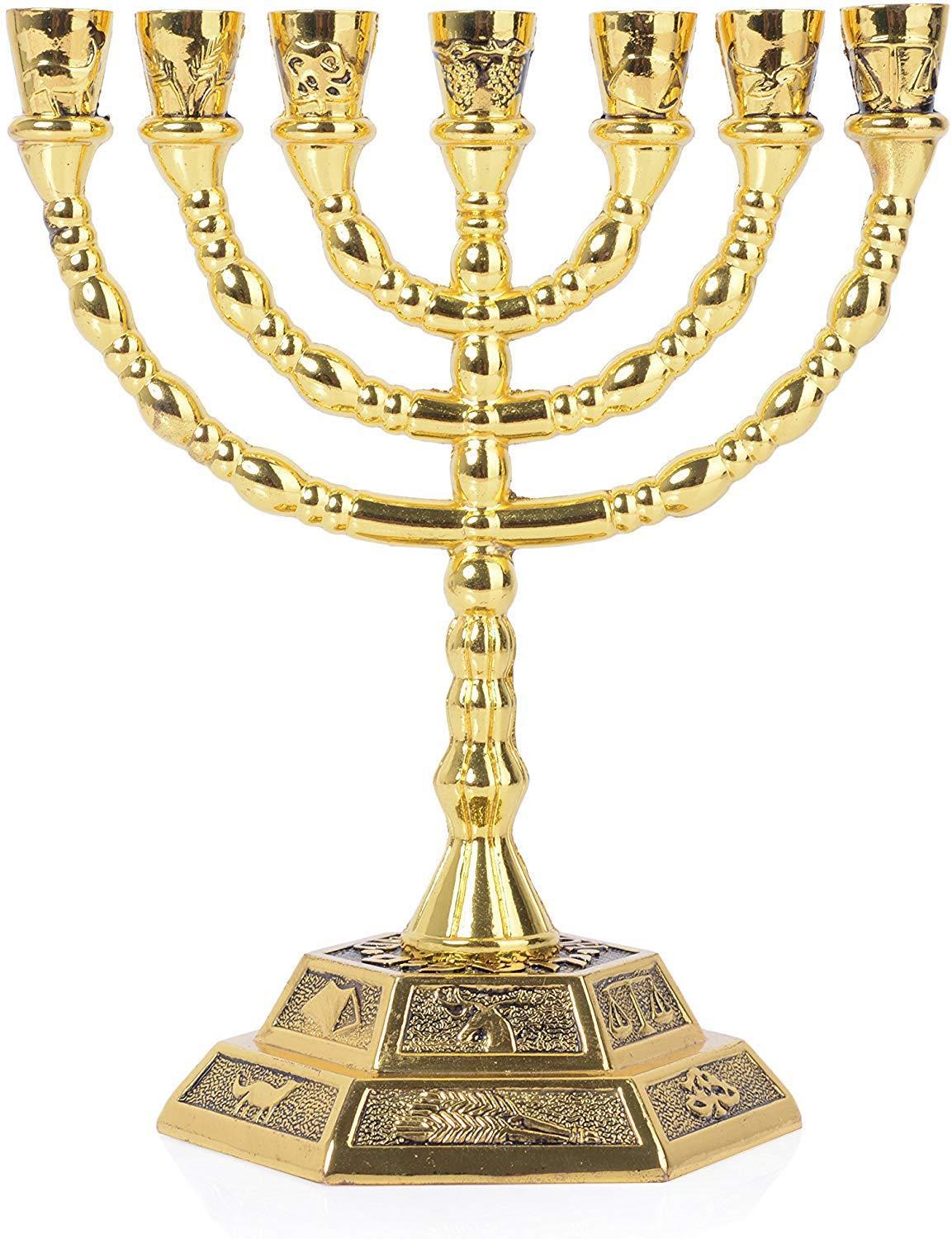 Jerusalem Jerusalem Large 12 Tribes of Israel 7 Branch Temple Menorah Gold 8\"