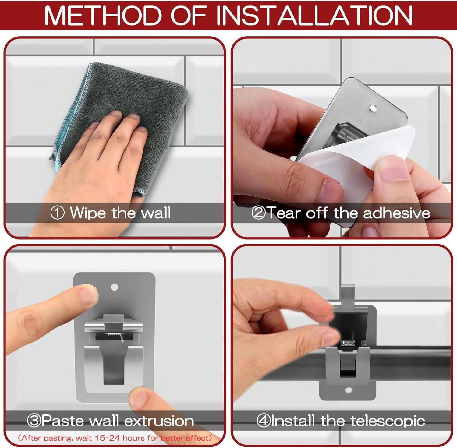 Wabboreq 6PCS No Drill Curtain Brackets, Self-Adhesive Rod Holders, Universal Plastic Nail Free Adjustable, Curtain Hooks for Rods Less Than 1.57 Inch Diameter (Sliver)