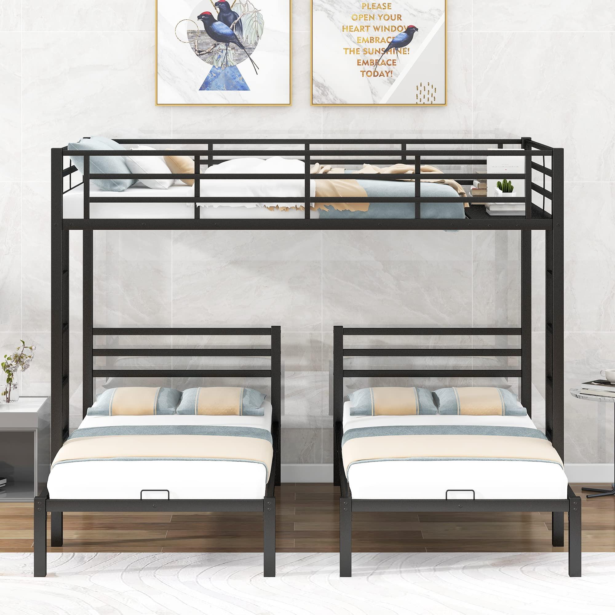 SOFTSEA SOFTSEA Heavy Duty Metal Triple Bunk Beds Full Over Twin & Twin L-Shaped Bunk Bed with Built-in Shelf for Boys Girls
