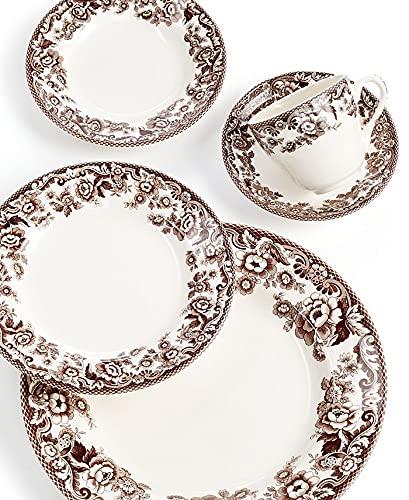 Spode Spode Delamere 5 Piece Place Setting, Brown Earthenware, Includes Dinner Plate, Salad Plate, Bread Plate, Teacup and Saucer, Microwave and Dishwasher Safe