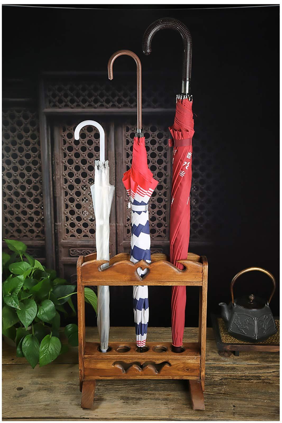 QHCS Umbrella Stand Umbrella Holder Rack Woodcarving Umbrella Stand, Retro Style Solid Wood Came/Walking Stick Holder Umbrella Organizer for Log Cabin, Holds 5 Long Umbrellas Umbrella Rack