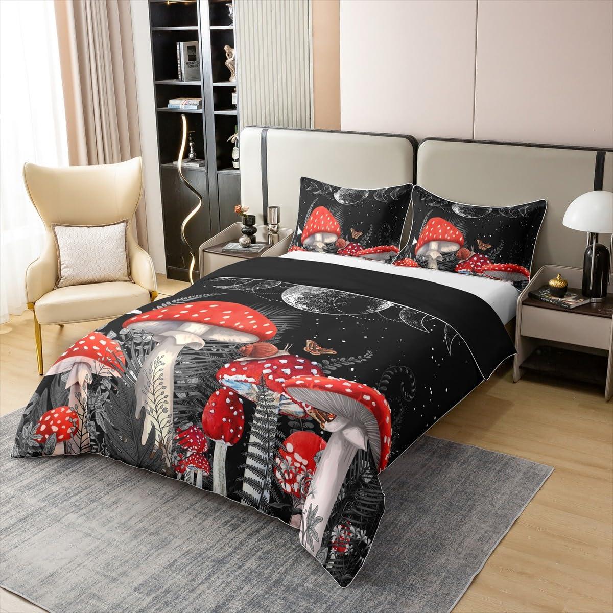 Castle Fairy King Size 3 Pcs Red Mushroom Duvet Cover 100% Cotton Sun Moon Exotic Starry Galaxy Bedding Set for Kids Teens Adults Wild Botanical Burgundy Plants Comforter Cover with 2 Pillowcases(No Comforter)