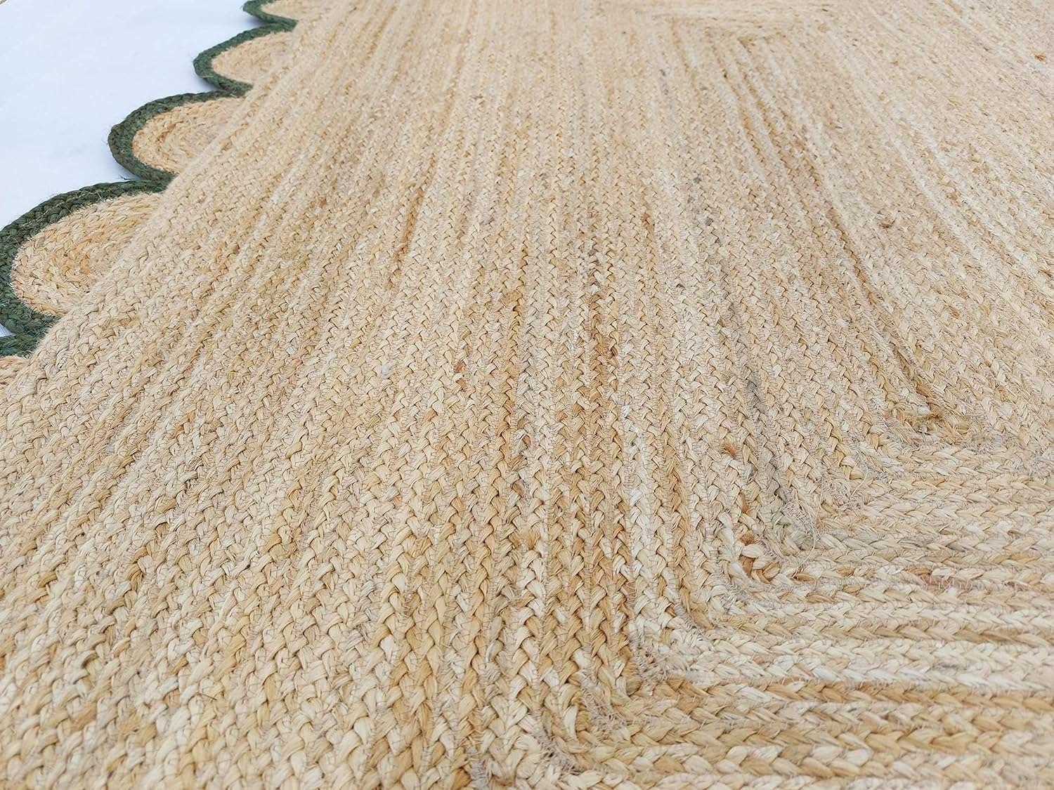 MORVEE MORVEE Area Rug 2.6x18 Jute Scalloped Natural (Green, 2'6" x 18')