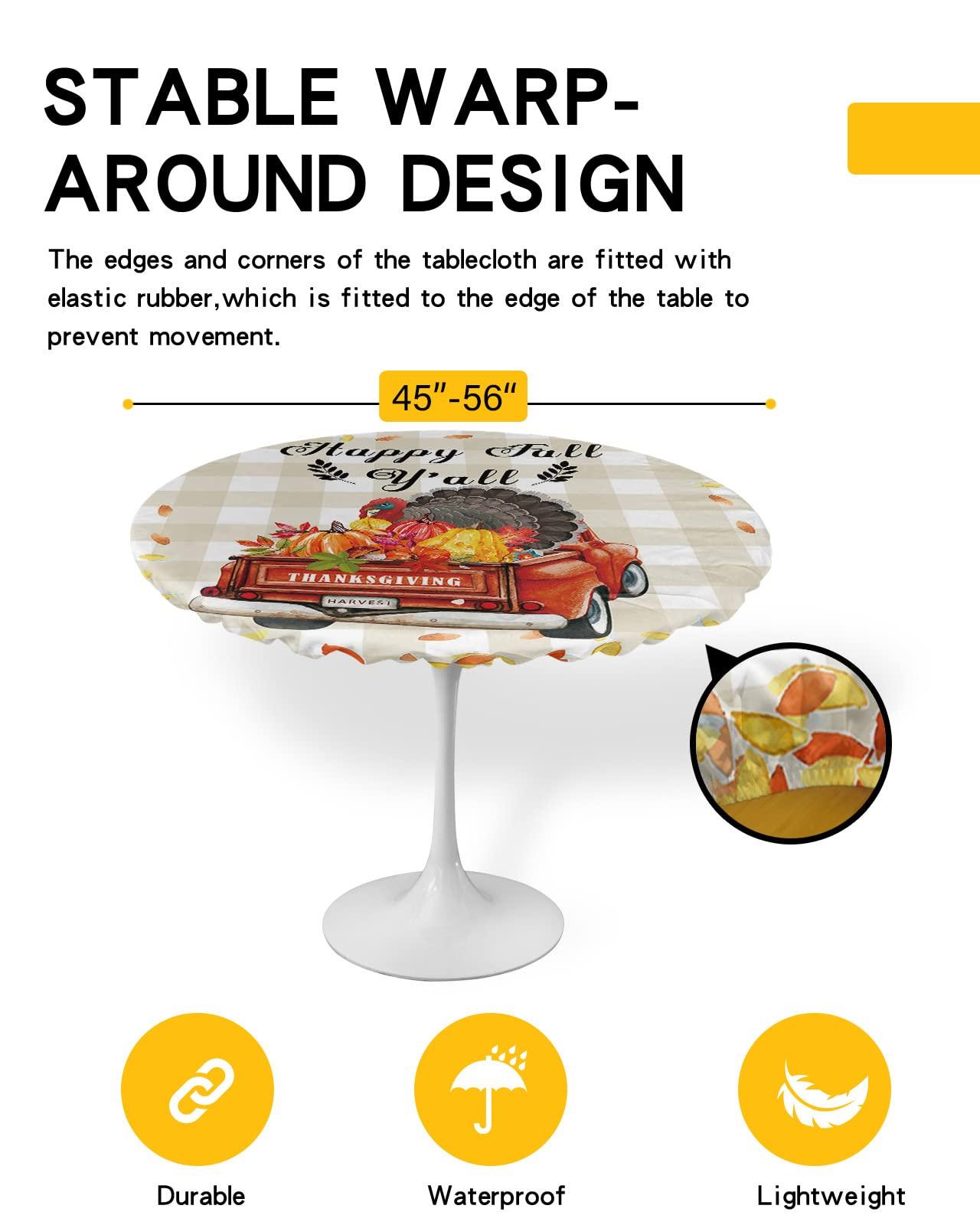 SEVENBABU Round Table Cover 55-60 Inch, Waterproof Reusable Table Cloth Round Fitted Vinyl Tablecloth with Elastic Edged for Party, Happy Fall Y\'all Farm Truck with Turkey Floral Leaves Modern Checkered