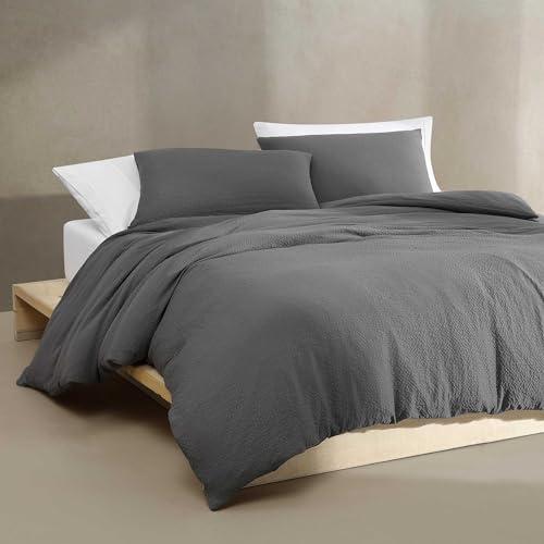 Calvin Klein Calvin Klein - King Duvet Cover Set, Super Soft Textured Bedding with Matching Shams, Reversible Home Decor, Oeko-Tex Certified (Seersucker Dark Grey, King)