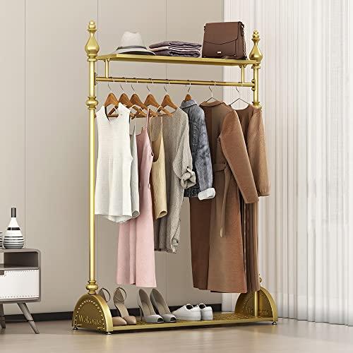 MAIKAILUN Clothing Rack Gold, Industrial Clothes Rack for hanging Clothes with Double Shelves Freestanding Multi-functional Heavy Duty Garment Rack, Metal Movable Portable Coat Rack for Organizing Clothes Shoes