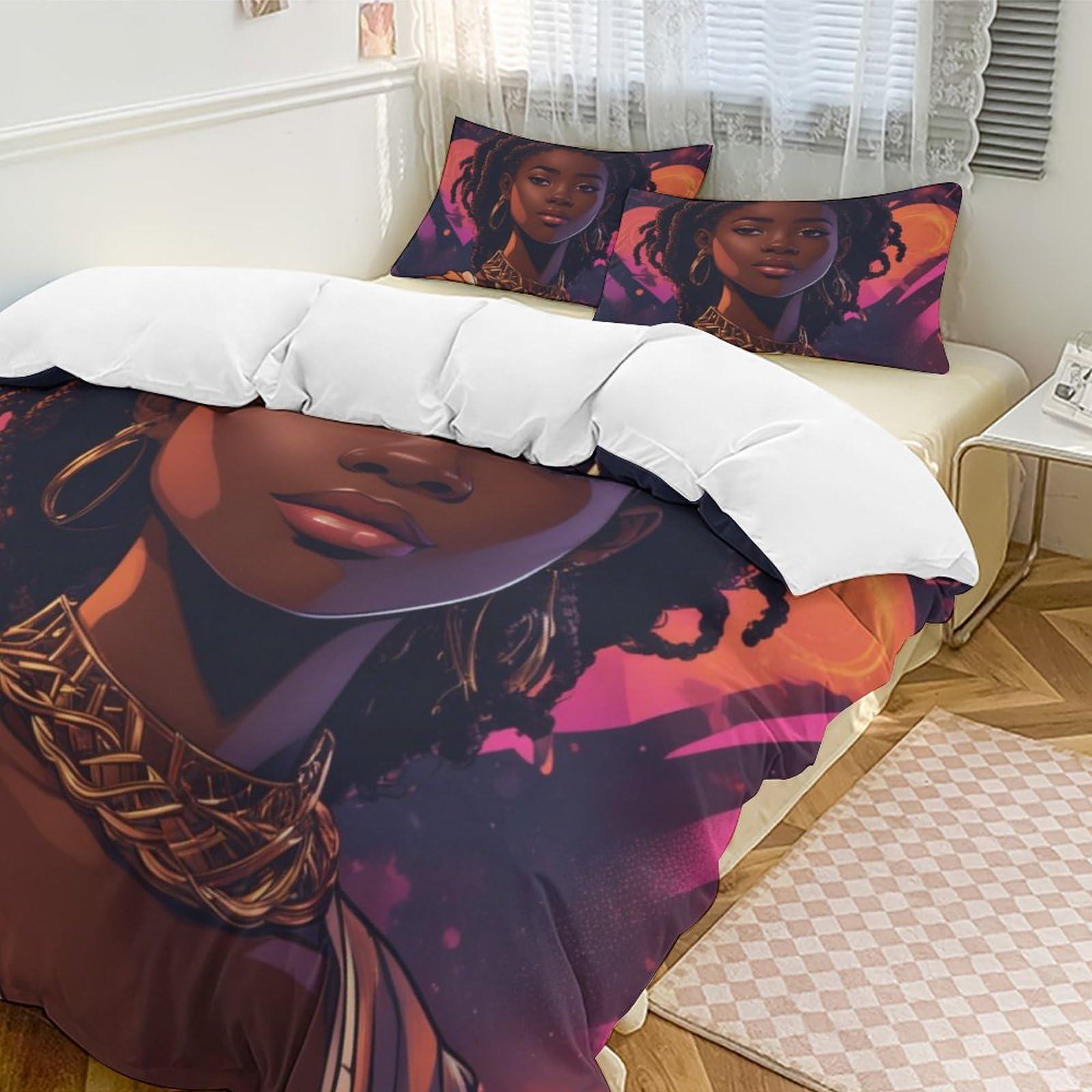 ZGDPBYF ZGDPBYF Melanin Princess African American Comforter Set Black Girl Quilt Bedding Set Full -1 Duvet Cover & 2 Pillowcases(No Comforter) 79\"X97\"