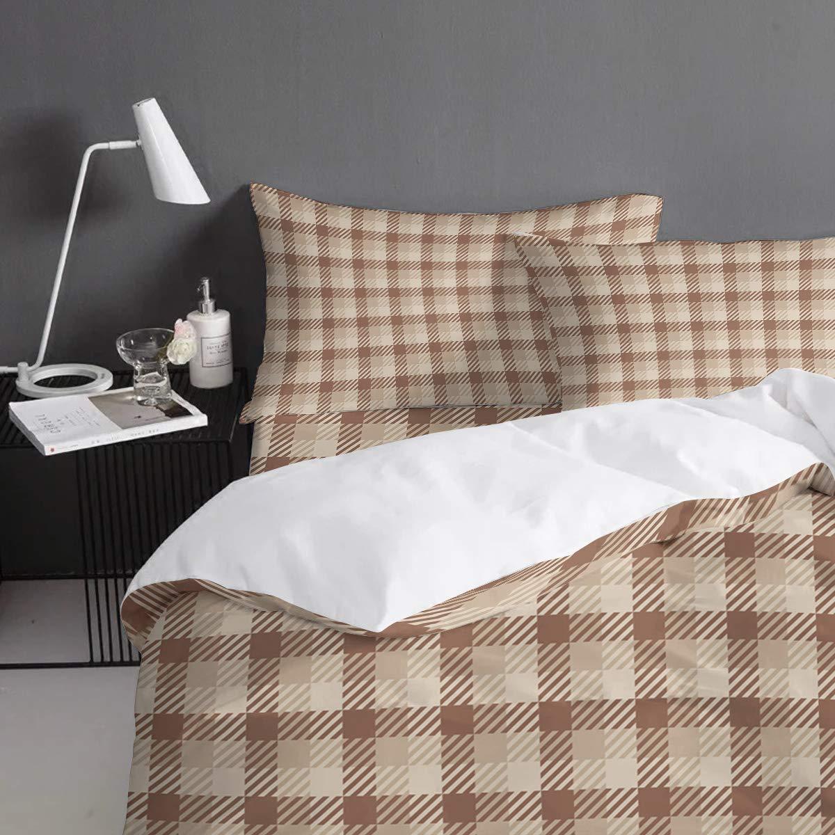 Debedcor Queen Comforter Covers Sets Brown White Checkered 4 Piece Duvet Cover Set Lightweight Microfiber Soft Bedding Set for Adult Teen, Autumn