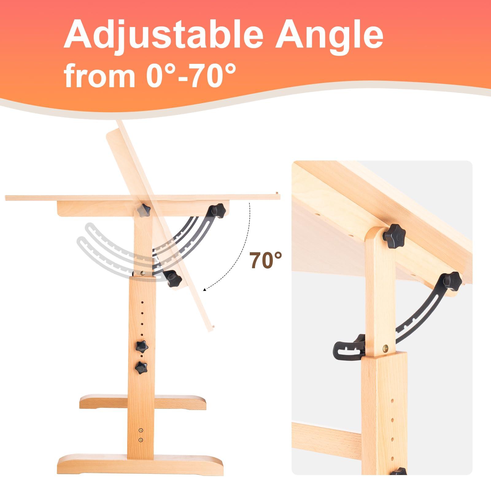 Falling in Art Falling in Art Wooden Drafting Table and Stool Set, 30\" x 42\" Adjustable Height and Angle Solid Wood Drawing Desk for Adults, Artist Craft Table for Painting Artwork, Reading, and Writing