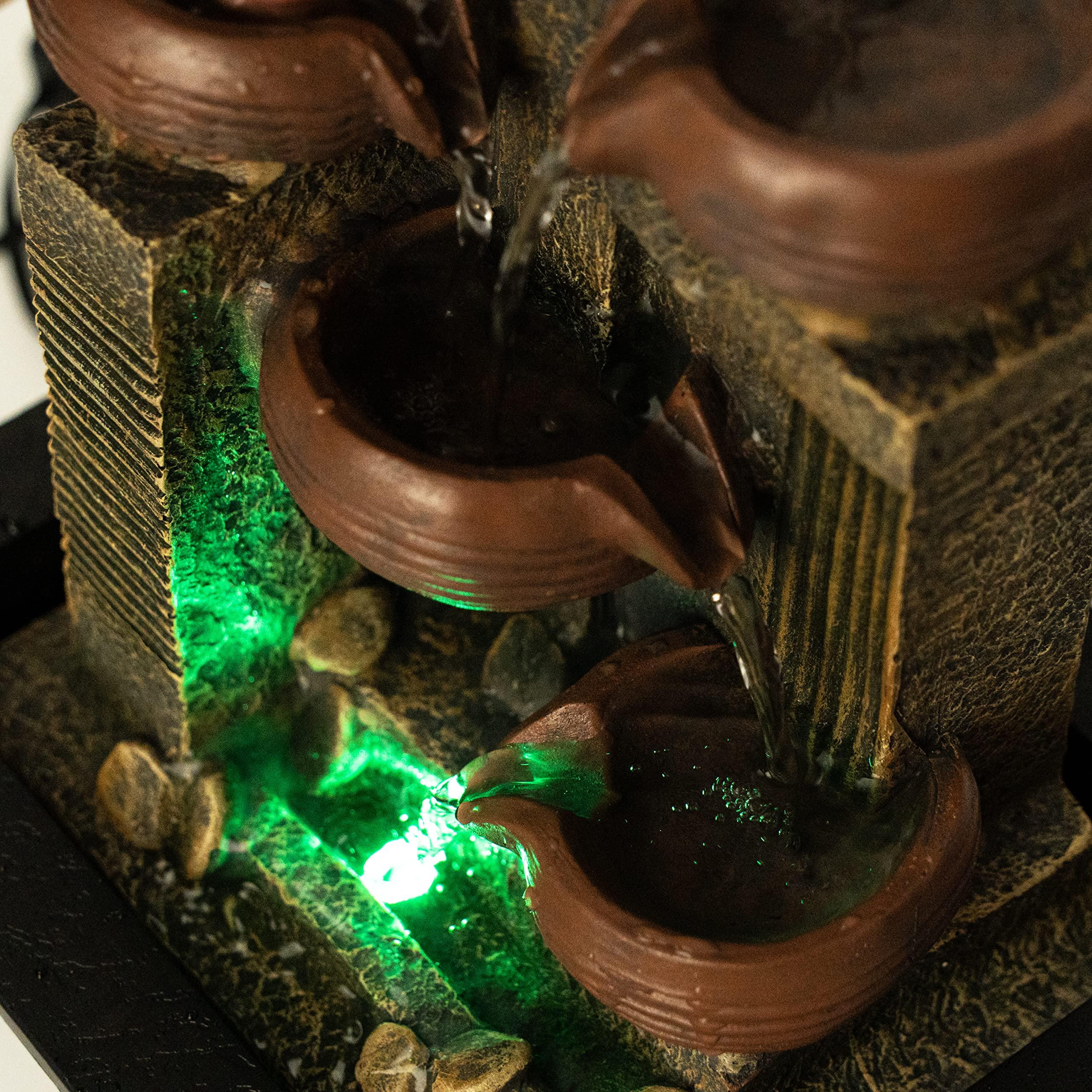 Father'sDen Collection 13-inch Indoor Fountains and Waterfalls Cascading 5-Tiered Pots-Tabletop Water Fountain-Desk Waterfall-with Audible Waterfall Sounds-Zen Water Fountain and Color Lights