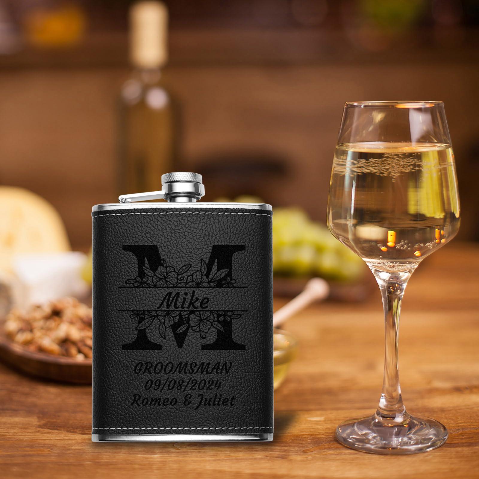 PEGYOU Personalized Leather Flasks for Liquor for Men, Custom Engraved Monogrammed Flask, 8 oz Whiskey Flask Hip Flask, Groomsmen Gifts Christmas Birthday Gifts for Dad Grandpa - Leather, Black