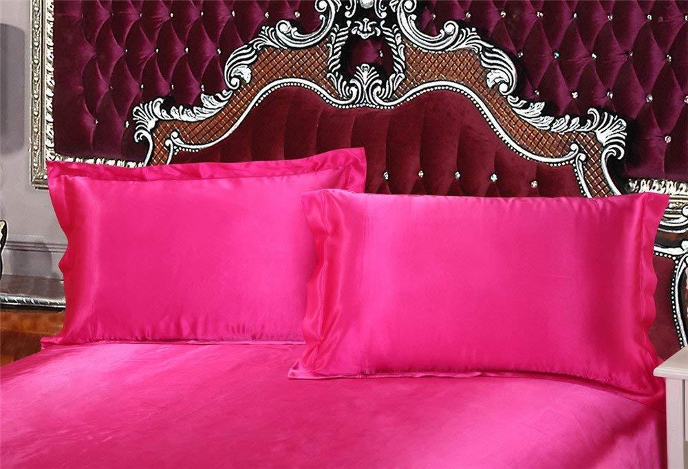 Sona Bedding Solutions Glam Bedding - Luxurious Ultra Soft - Silky Satin 4 Piece Bed Sheet Set - [ Fitted Sheet 19\" deep Pocket + Flat Sheet + 2 Pillowshams ] - Hot Pink, Cal-Queen