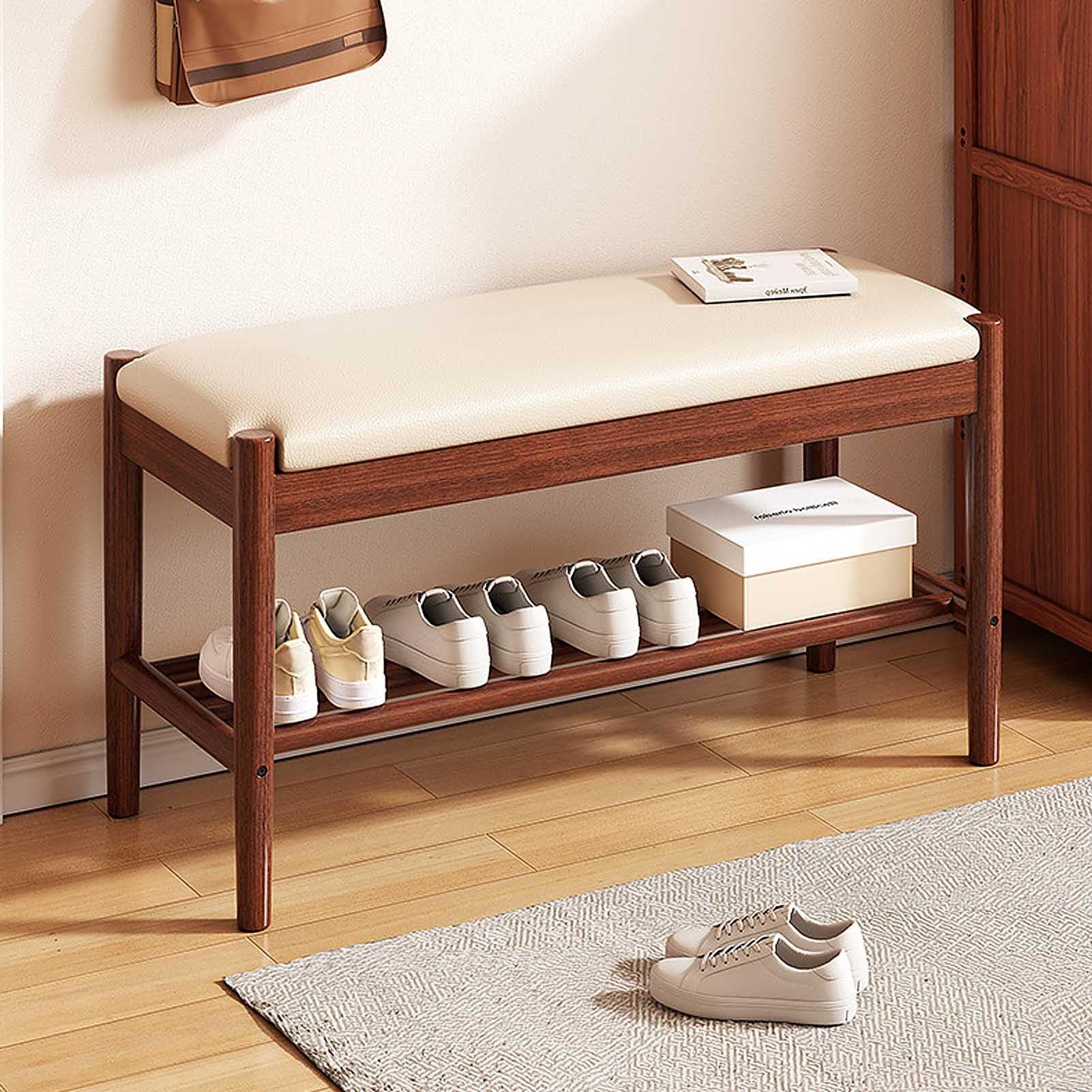 HomeLoft Basics Wooden Shoe Bench, 2-Tier Shoe Rack Shelf Organiser with Padded Cushion Seat, Entryway, Hallway Living Room Accent Furniture