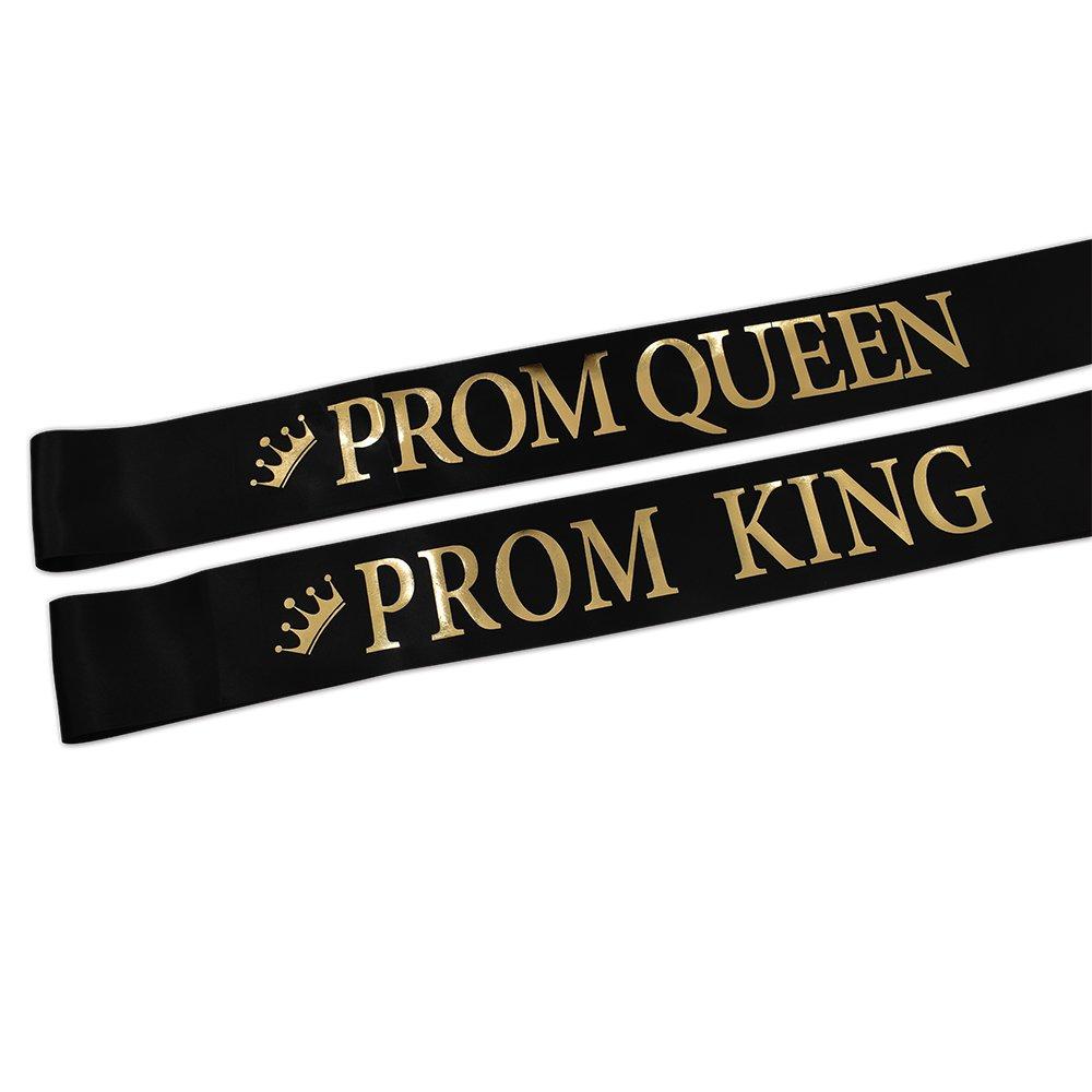 TTCOROCK \"Prom King\" and \"Prom Queen\" Sashes - Graduation Party School Party Accessories, Black with Gold Print