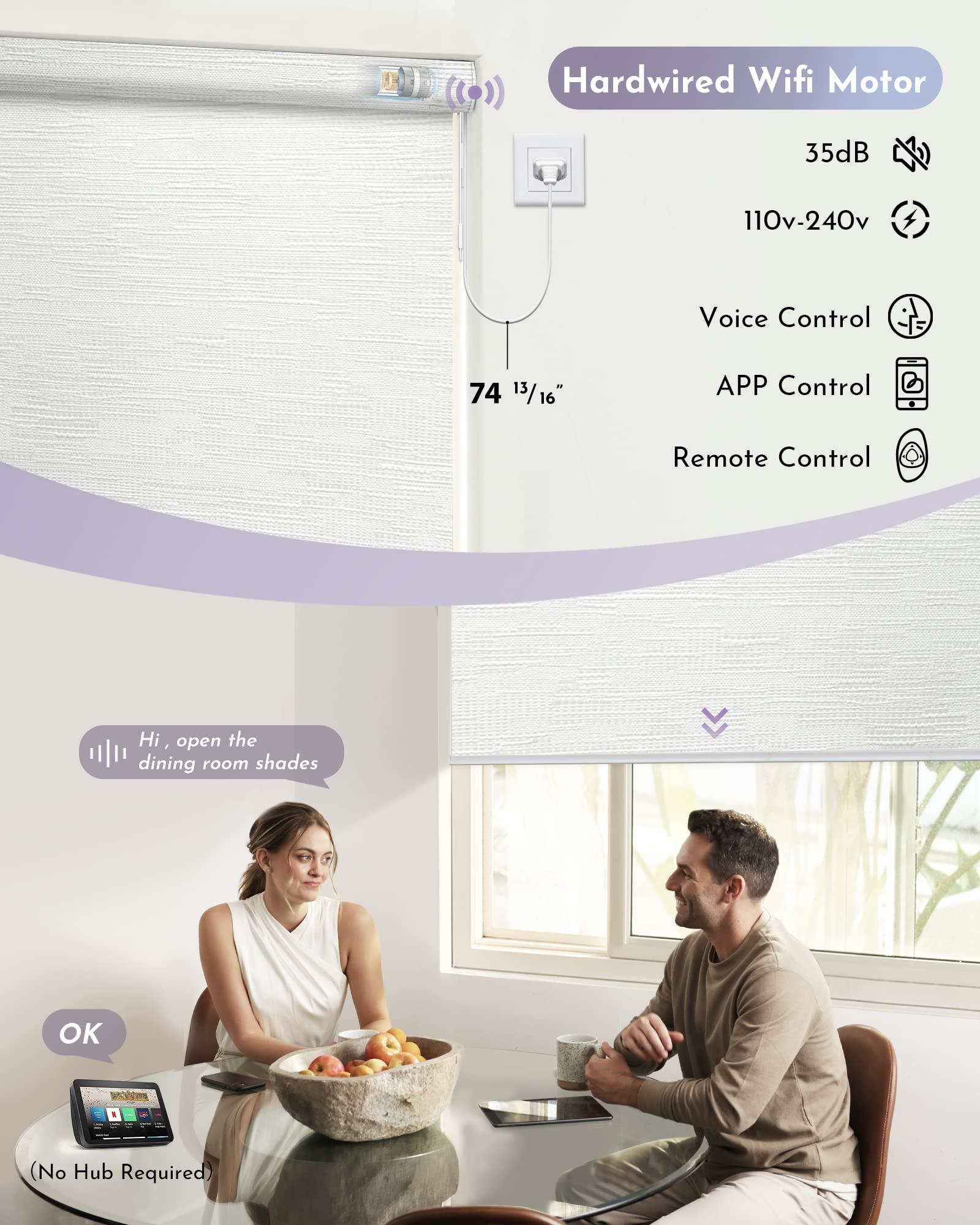 Graywind Graywind Motorized Shades 100% Blackout Compatible with Alexa Google WiFi Hardwired Smart Roller Shade Remote Control Automated Blinds, Customized Size (Jacquard White)