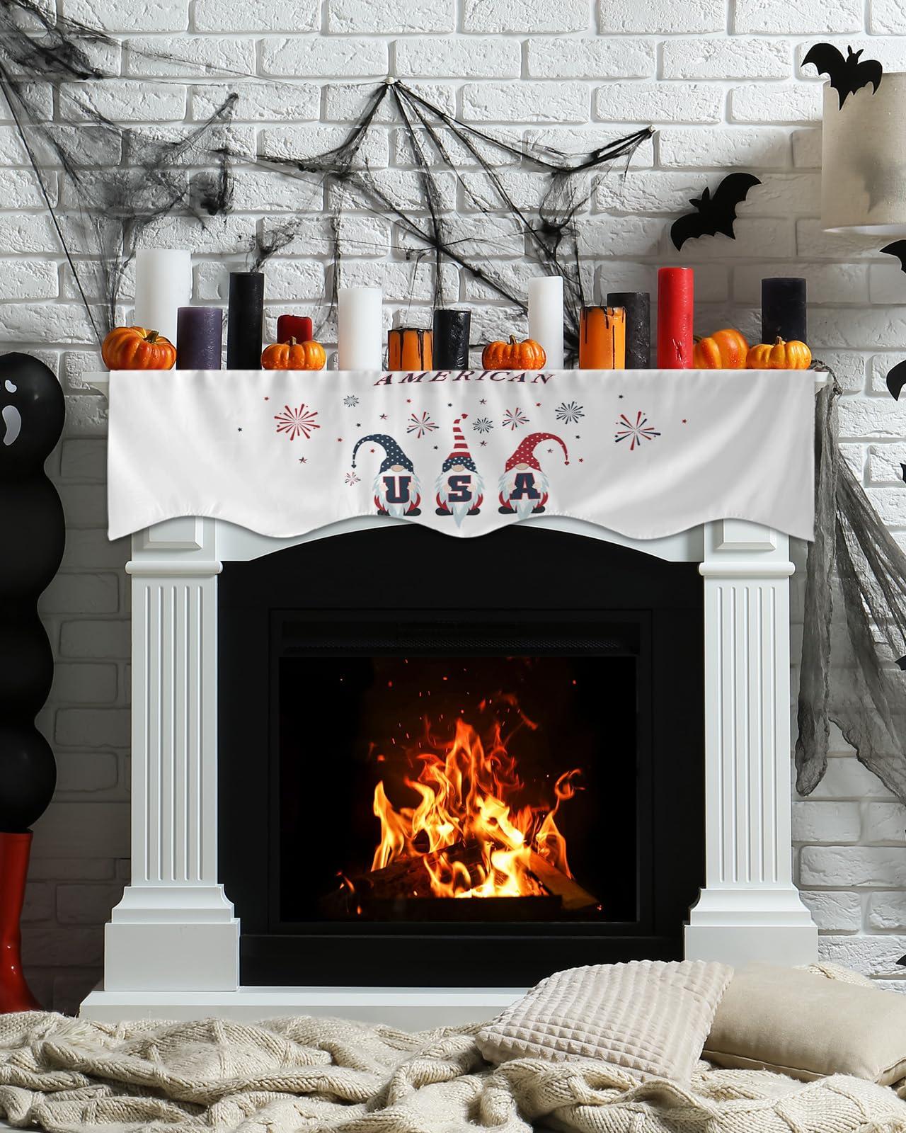 Chees D Zone Fireplace Scarf Independence Day 4th of July Dwarf Mantel Scarf Fireplace Top Runner Mantle Scarves Cover,USA Flag Red Blue Star White Fireplace Mantle Table Runner for Party Holiday Decor 60x17in