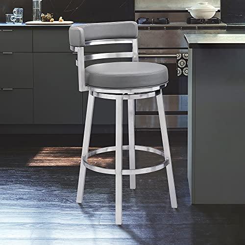 Armen Living Armen Living Mardrid LCMABABSGR26 Counter Chair, Gray, 360 Rotation, Stainless Steel, Faux Leather Seat, Seat Height 26.0 inches (66 cm)