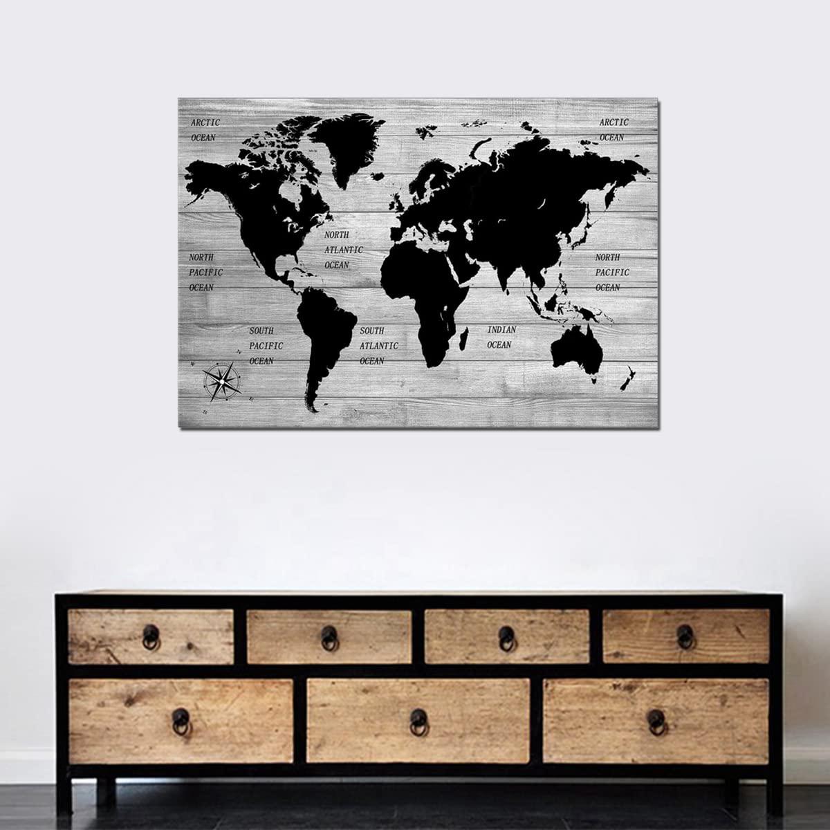 TAOMI World Map Black Grey White Wooden Grain Painting Artwork for Office Bedroom Wall Art Poster Large Frame Home Decorations Greyscale Minimalist Picture