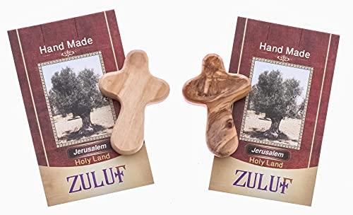 Zuluf Zuluf Two Small Olive Wood Crosses Pocket Holding Comfort Crosses | Handheld Comforting Design for Clutching, Clinging and With Two Holy Land Certificates 6cm / 2.5 Inch Each Cross - CRS094