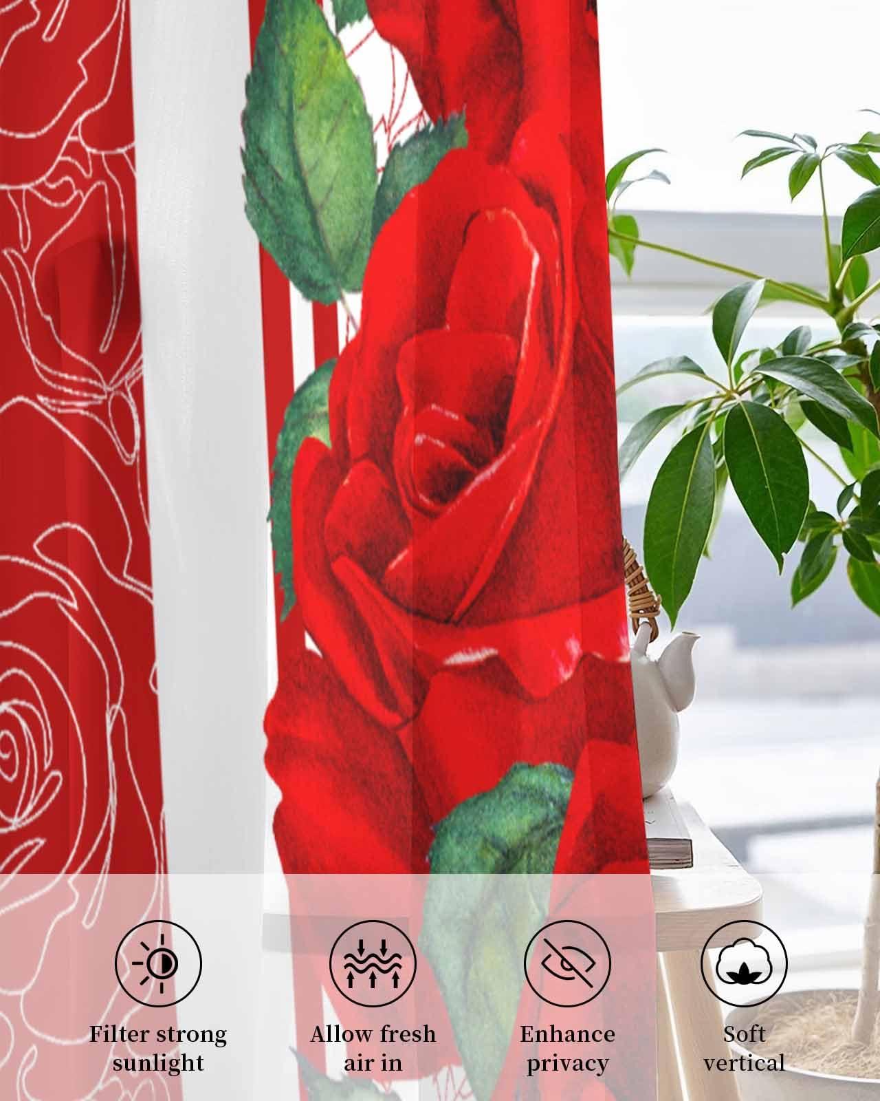 Onekaccu Red Rose Flower Sheer Curtains 84 Inch Length 2 Panels Set, Grommet Kitchen Curtains Sheer Window Curtain for Living Room Bedroom Light & Airy Privacy Drapes Romantic Valentines Day Spring Floral