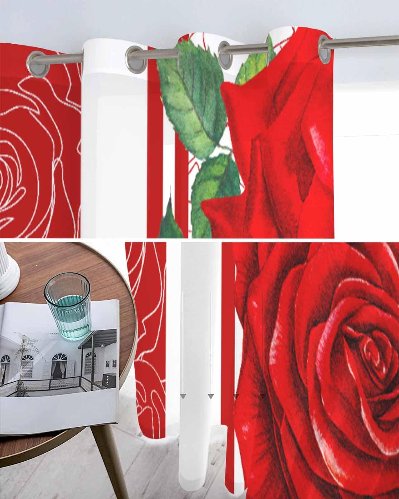 Onekaccu Red Rose Flower Sheer Curtains 84 Inch Length 2 Panels Set, Grommet Kitchen Curtains Sheer Window Curtain for Living Room Bedroom Light & Airy Privacy Drapes Romantic Valentines Day Spring Floral