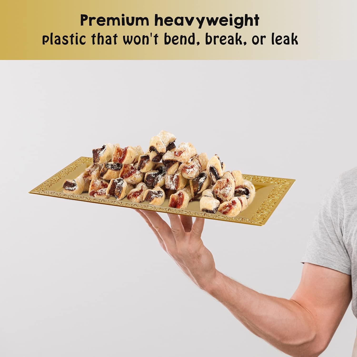 Yumchikel Decorative Plastic Serving Tray & Platter Set (2pk) - Gold Disposable Party Trays & Platters for Food - Weddings, Upscale Parties, Dessert Table, Cupcake Display - 14\"x7.5\" inches-Yumchikel