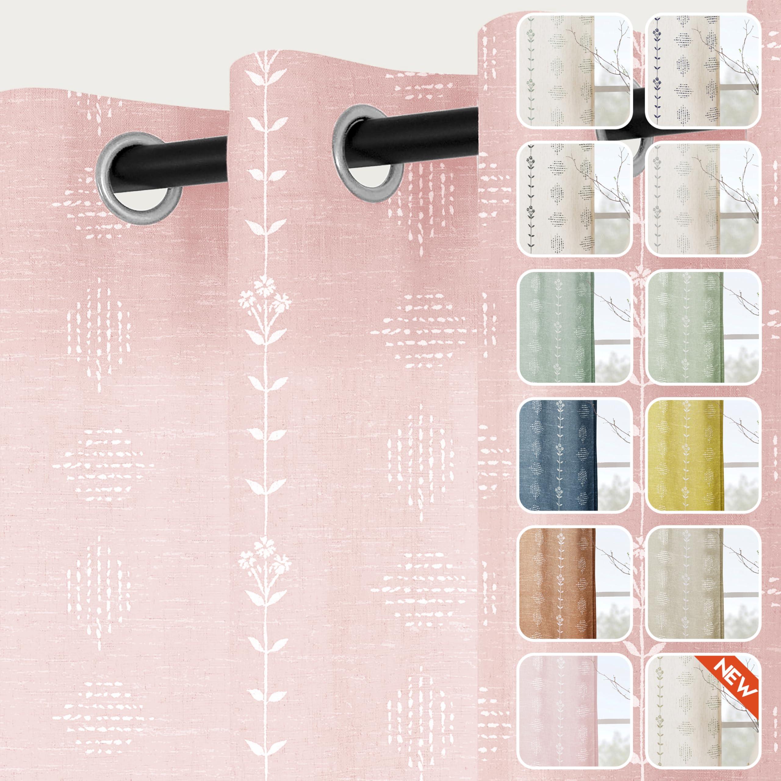 Lino Rosa Pink Curtains 2 Panels,Sheer Floral Linen Boho Blush Curtains for Bedroom Living Room 84 Inches Long