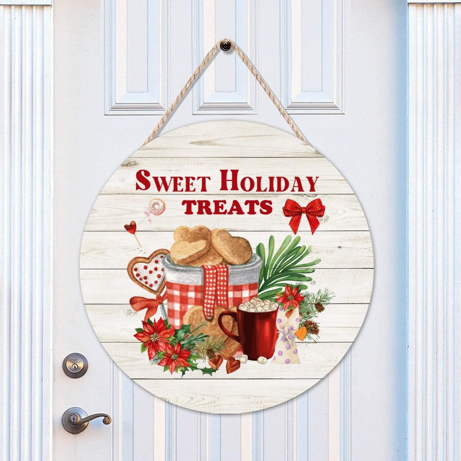 Cheyan 16x16 Inch Hot Cocoa Bar Door Sign for Front Door Farmhouse Decor Round Wooden Sign Rustic Door Hanger Home Decoration