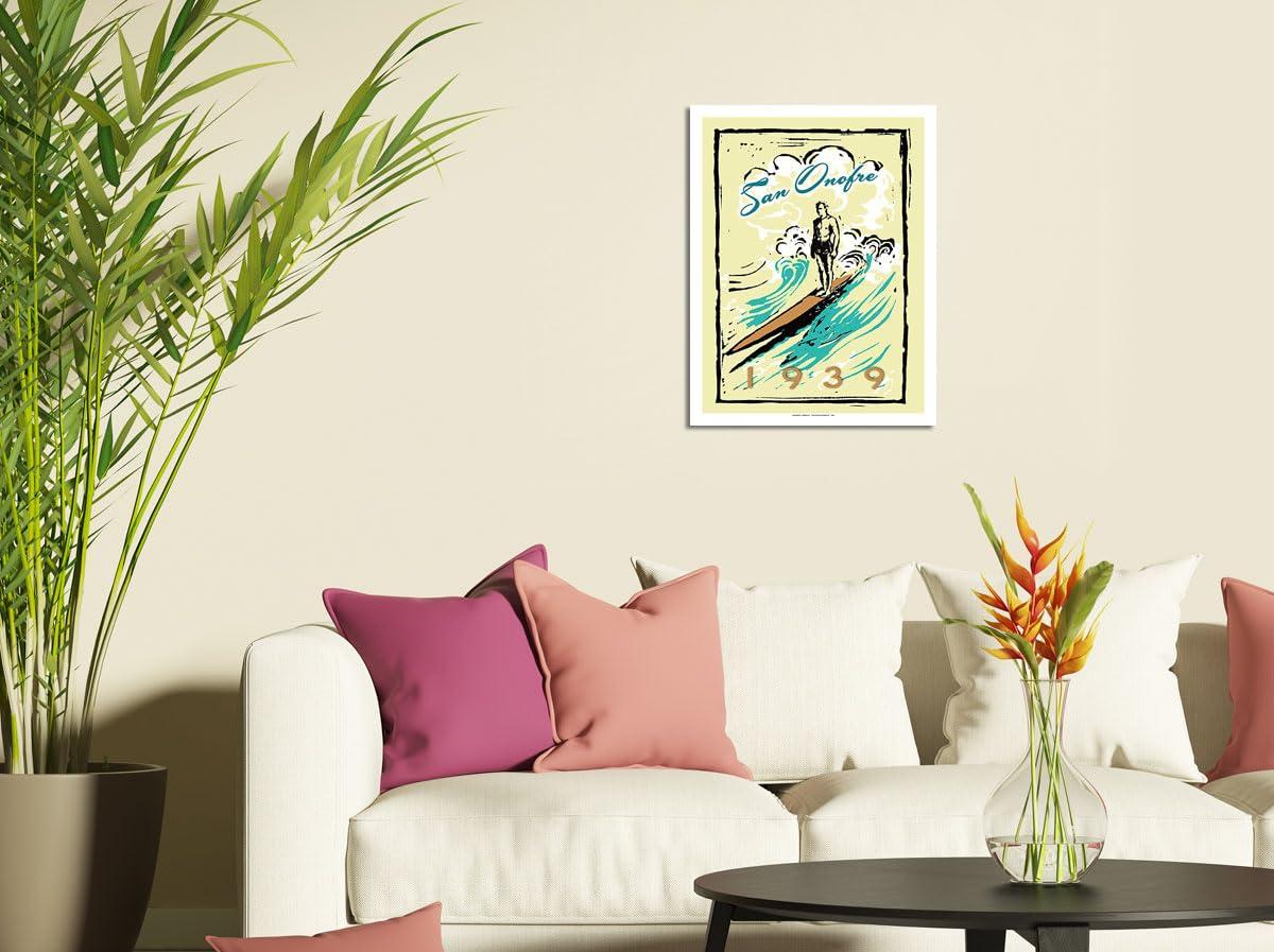 Pacifica Island Art San Onofre (San \'O) California - Surfer on Longboard - Vintage Travel Poster by Wade Koniakowsky - Fine Art Rolled Canvas Print 20in x 26in