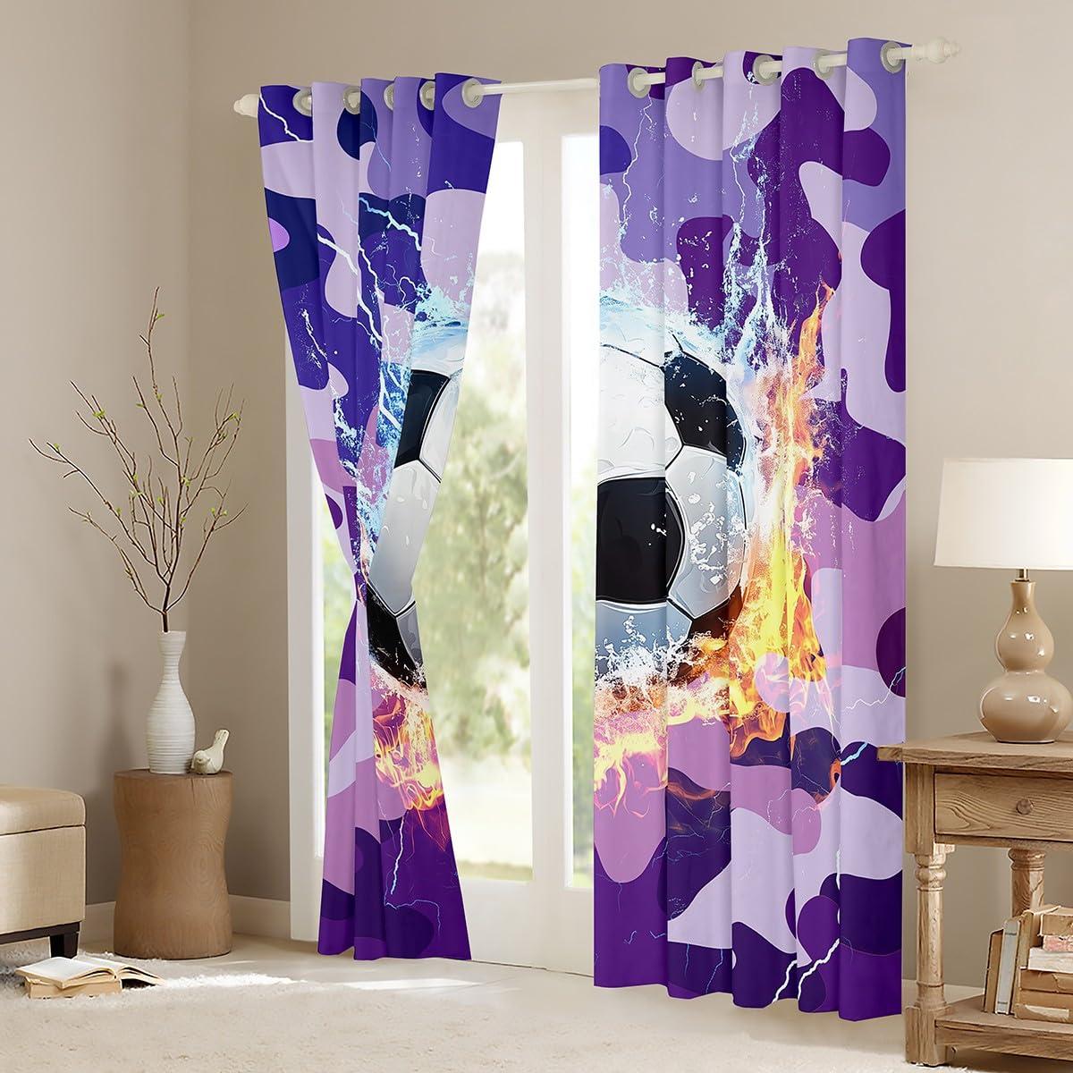 Erosebridal Football Curtains For Boys, Soccer Window Curtains, Sports Games Bedding Set For Kids Teens Adult Men, Camouflage Ice And Fire Thermal Insulated Window Drapes For Living Room Decor, Purple 42"Wx84"L