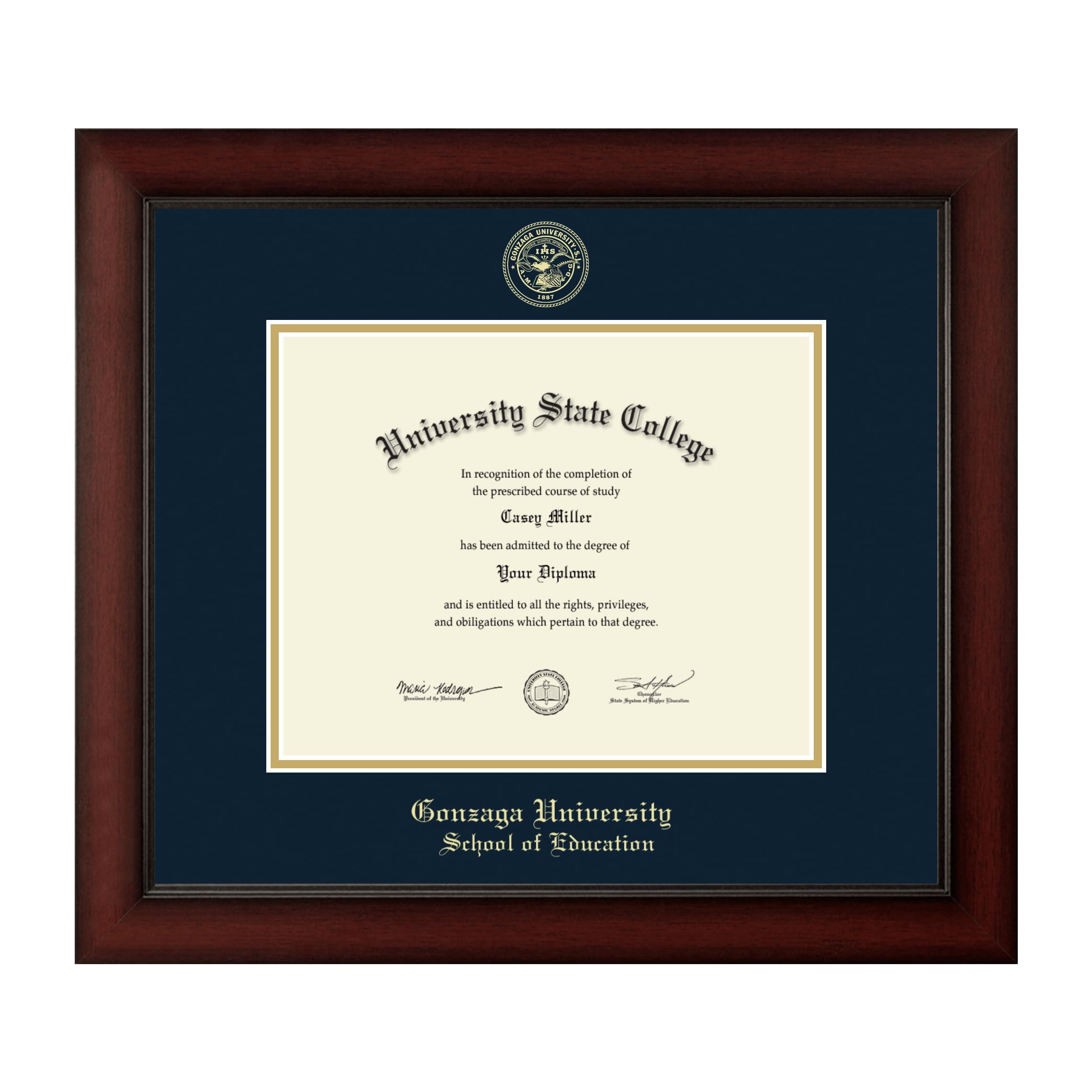 Framerly Framerly - Gonzaga University School of Education 10\" W X 8\" H Diploma Frame - Fits a Bachelor\'s and Master\'s - Gold Embossed Diploma Frame - Cherry Moulding with Navy and Gold Matting