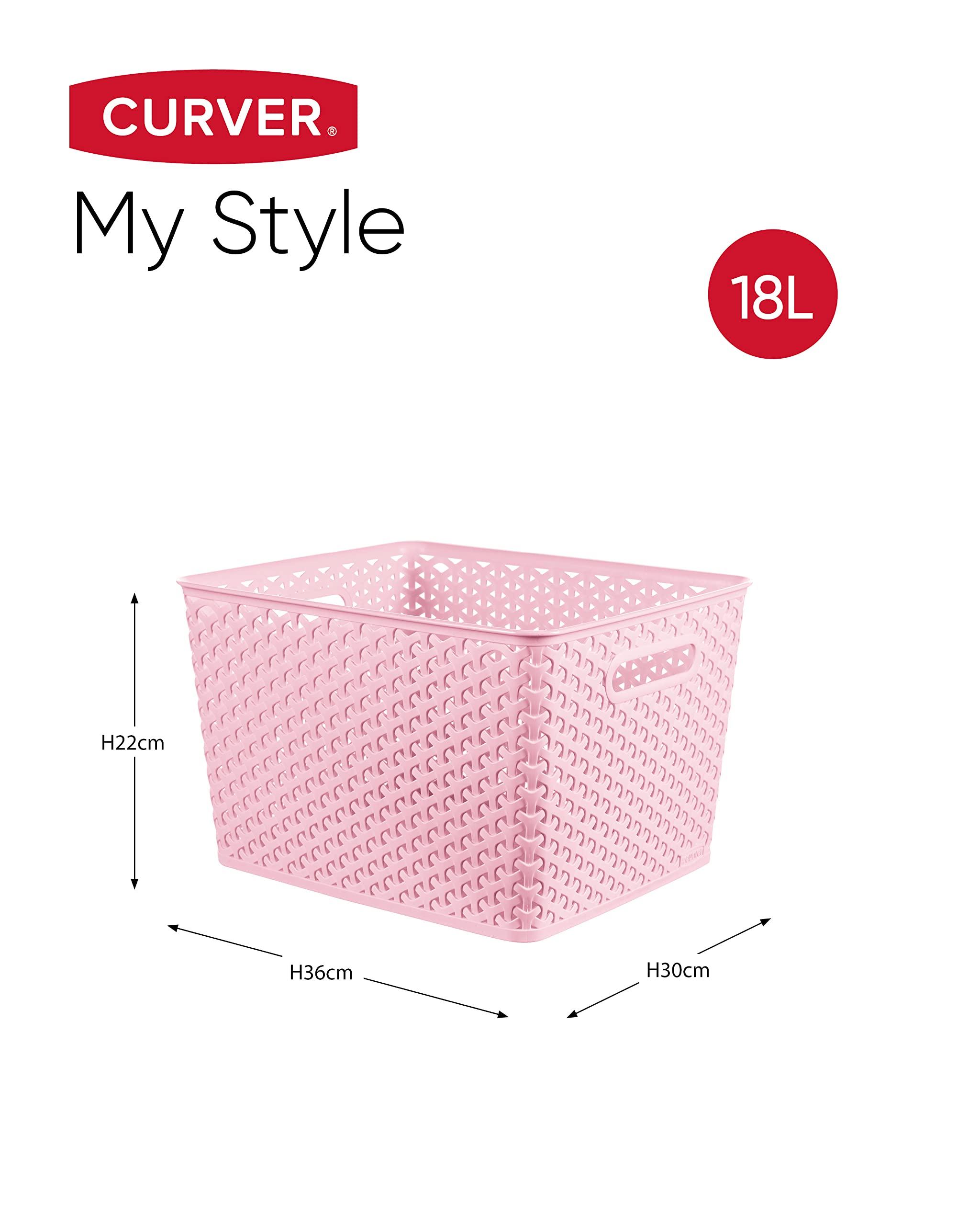 Curver Curver My Style Rattan Effect Set of 3 Kitchen, Living room, Bathroom, Bedroom, Utility Large Rectangular Storage Baskets 18 Litres - Pink