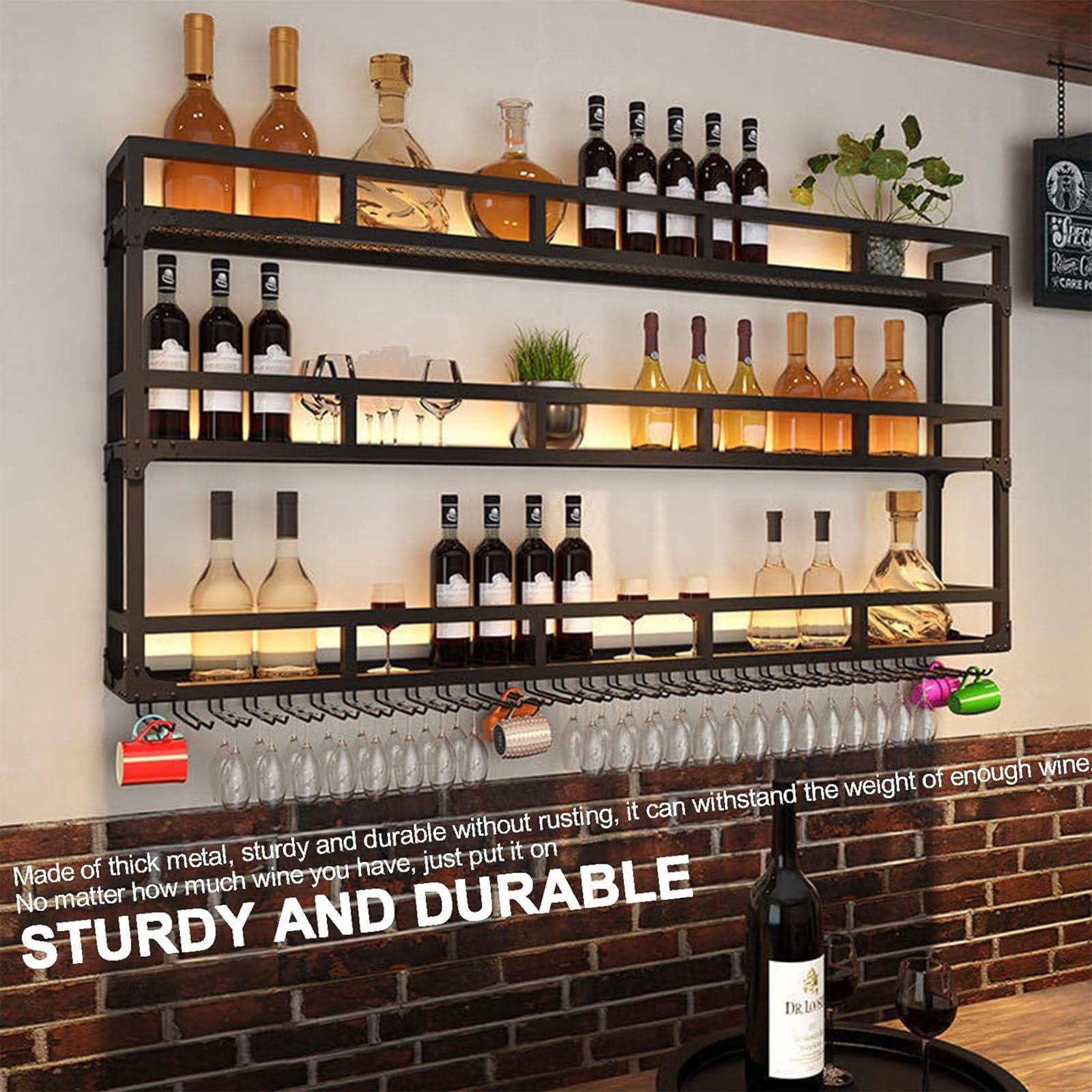 JOSKAA Wall Mounted Wine Rack with LED Light, Metal Floating Shelves for Liquor Bottles & Wine Glasses, Multi Functional Storage Shelf Wine Storage Display Rack for Home, Restaurant, Bars,Gold-150x25x55CM