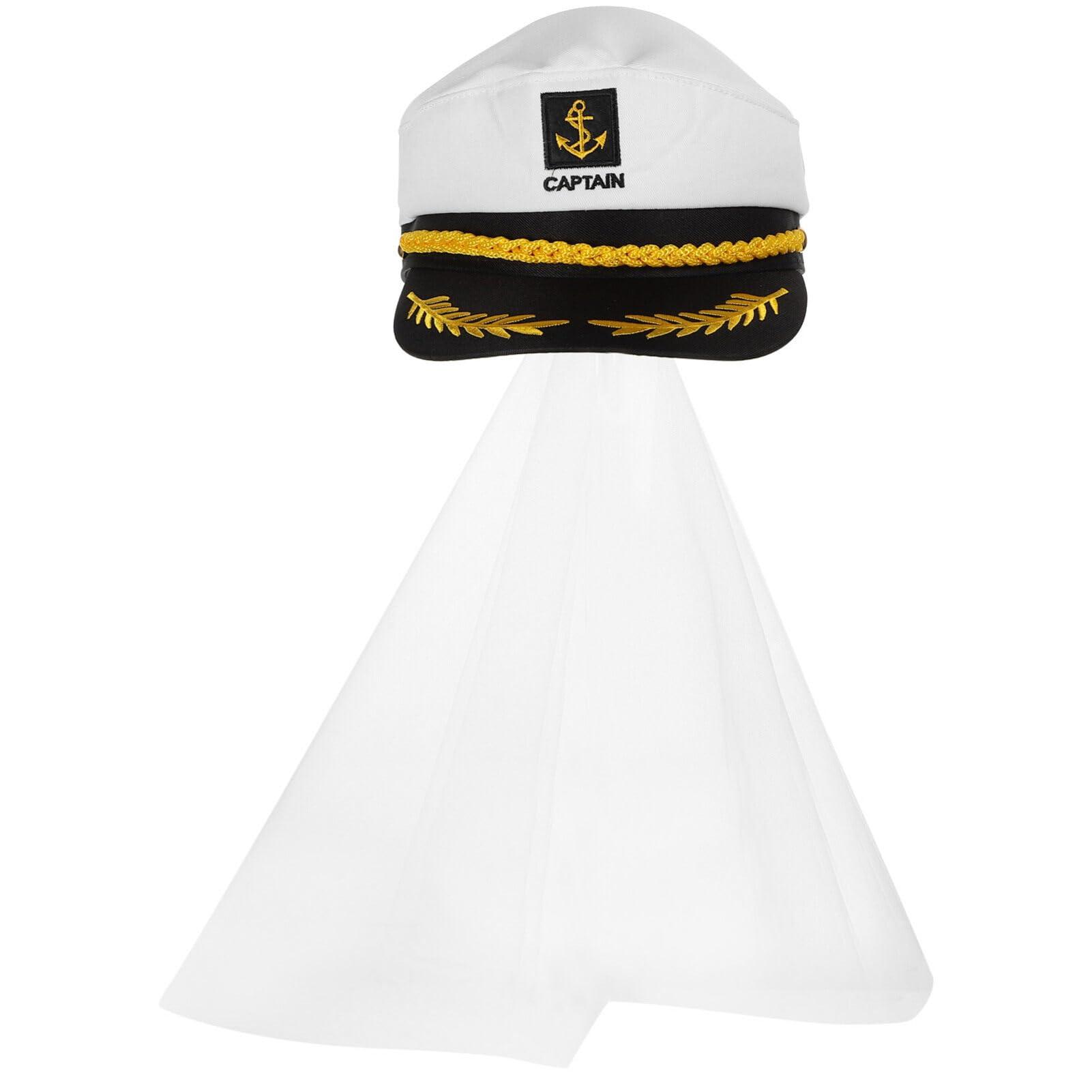 VOSAREA VOSAREA Bridal Sailor Captain Hat with White Veils Bachelorette Party Favor Bridal Party Hats Bride Cap for Bride to Be Beach Boat Nautical Yacht Cosplays Costumes