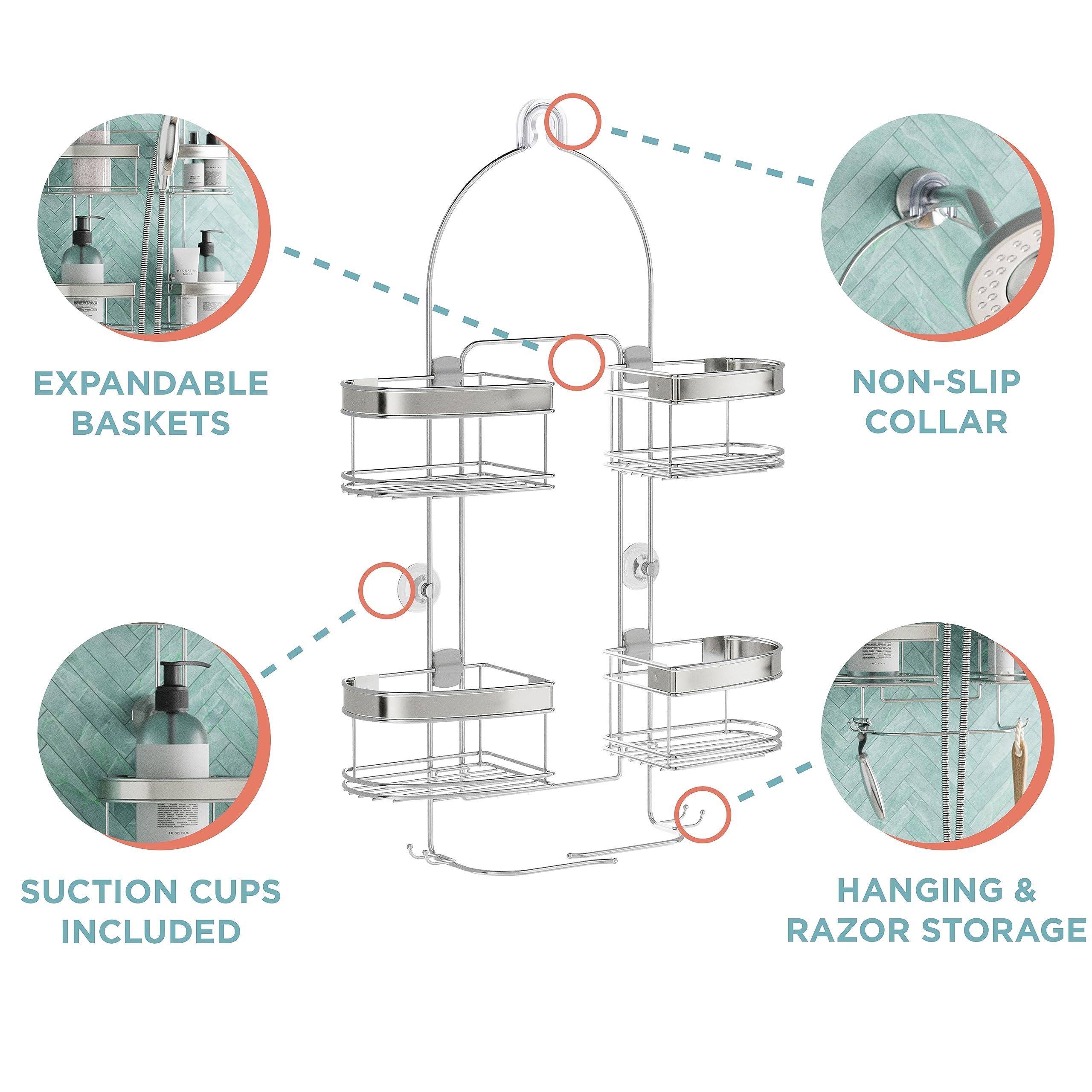 Zenna Home Zenna Home Hanging Shower Caddy with 4 Expandable Baskets, Razor Holders, and Hooks, Stainless Steel Rust Resistant Shower Rack, No Drilling, Fits Handheld Shower Hoses Over Shower Head Organizer