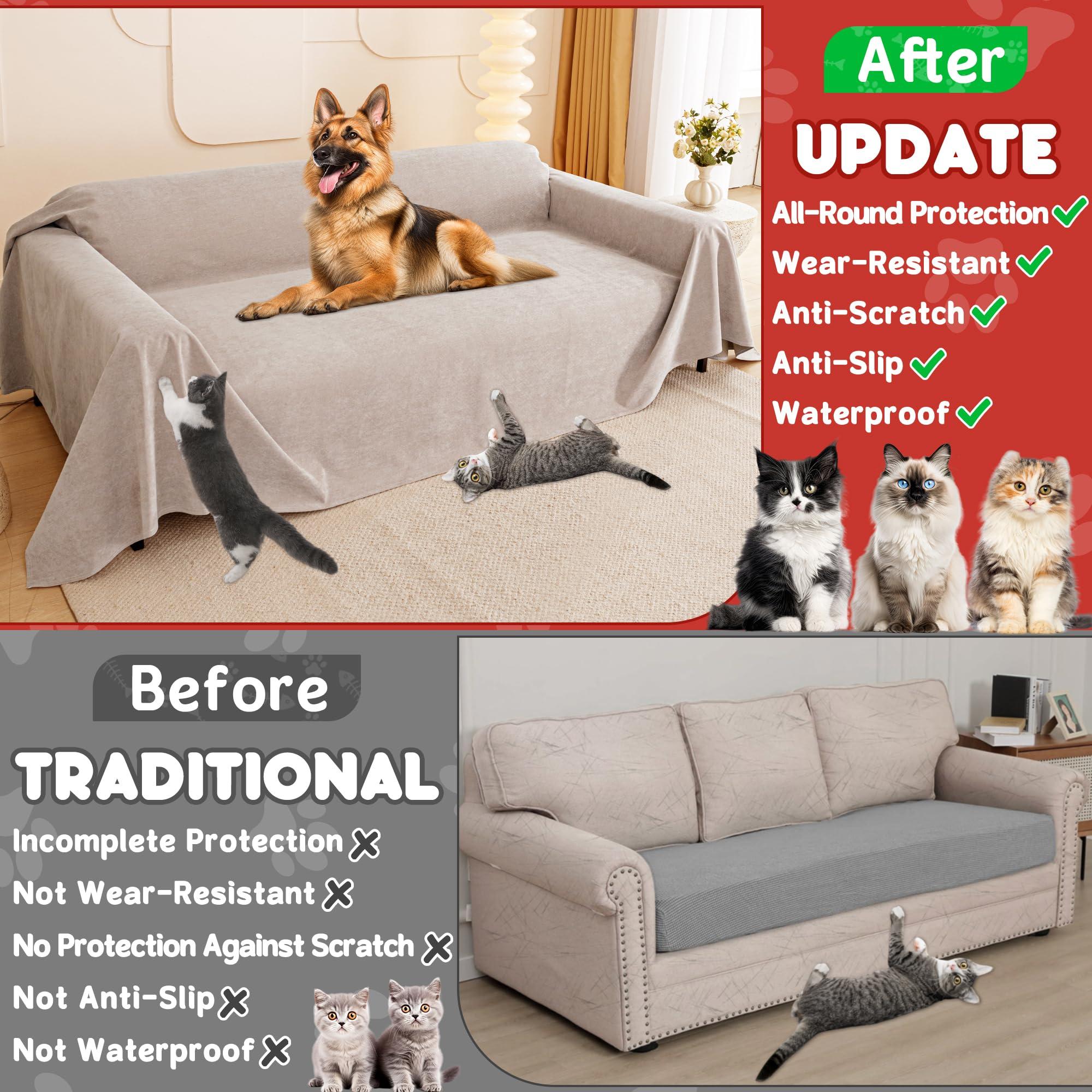 Loiion Cat Scratch Furniture Protector - Anti-Slip, Waterproof Sofa Cover to Keep Cats Off, Pet-Friendly Couch Protectors for 3 Cushion Couch, Khaki Anti-Scratch Couch Cover for Pets and Kids 134\"X71\"