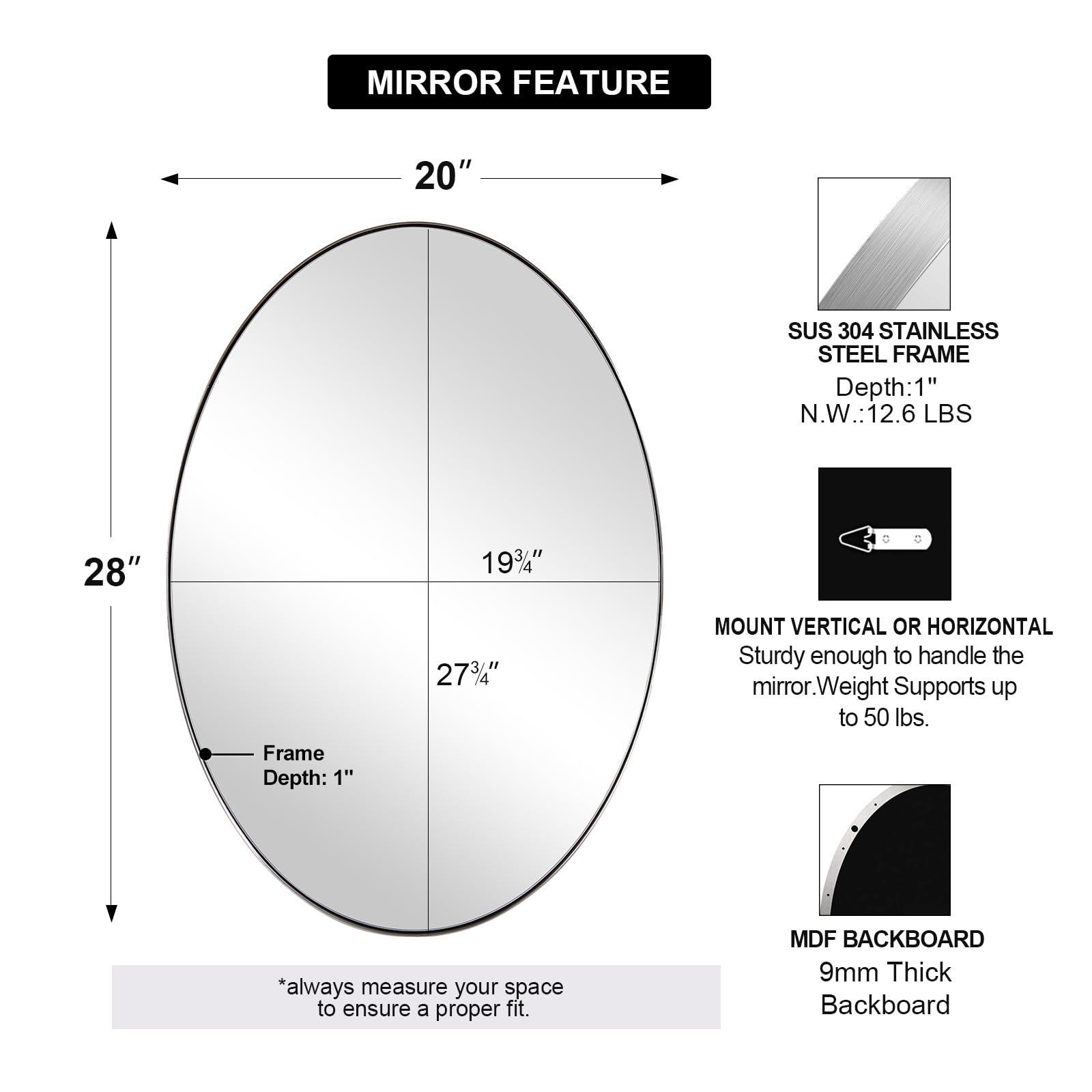 ANDY STAR ANDY STAR Brushed Nickel Oval Wall Mirror, 20x28, Modern Bathroom Mirror, Sturdy Stainless Steel Frame, Clear Reflection, Anti-Corrosion Backboard