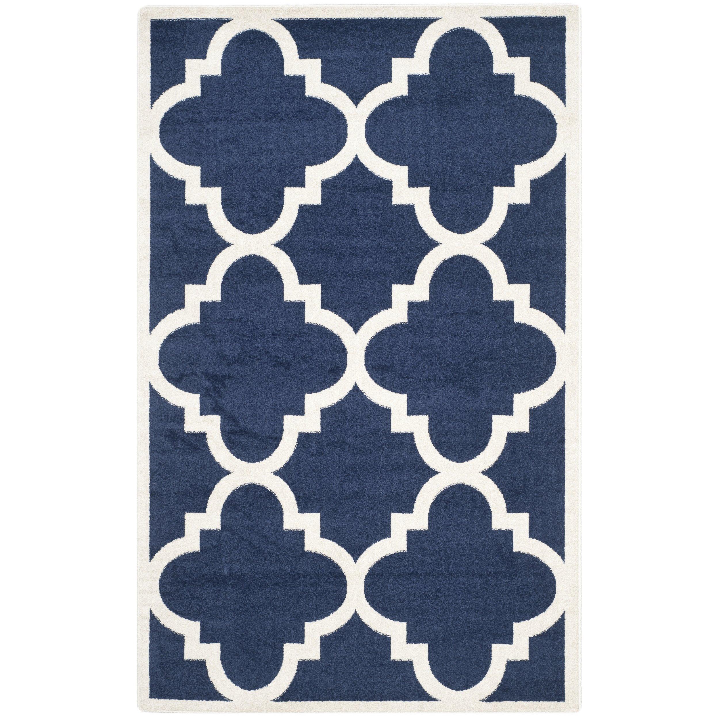 Safavieh SAFAVIEH Amherst Collection Area Rug - 9' x 12', Navy & Beige, Moroccan Trellis Design, Non-Shedding & Easy Care, Ideal for High Traffic Areas in Living Room, Bedroom (AMT423P)