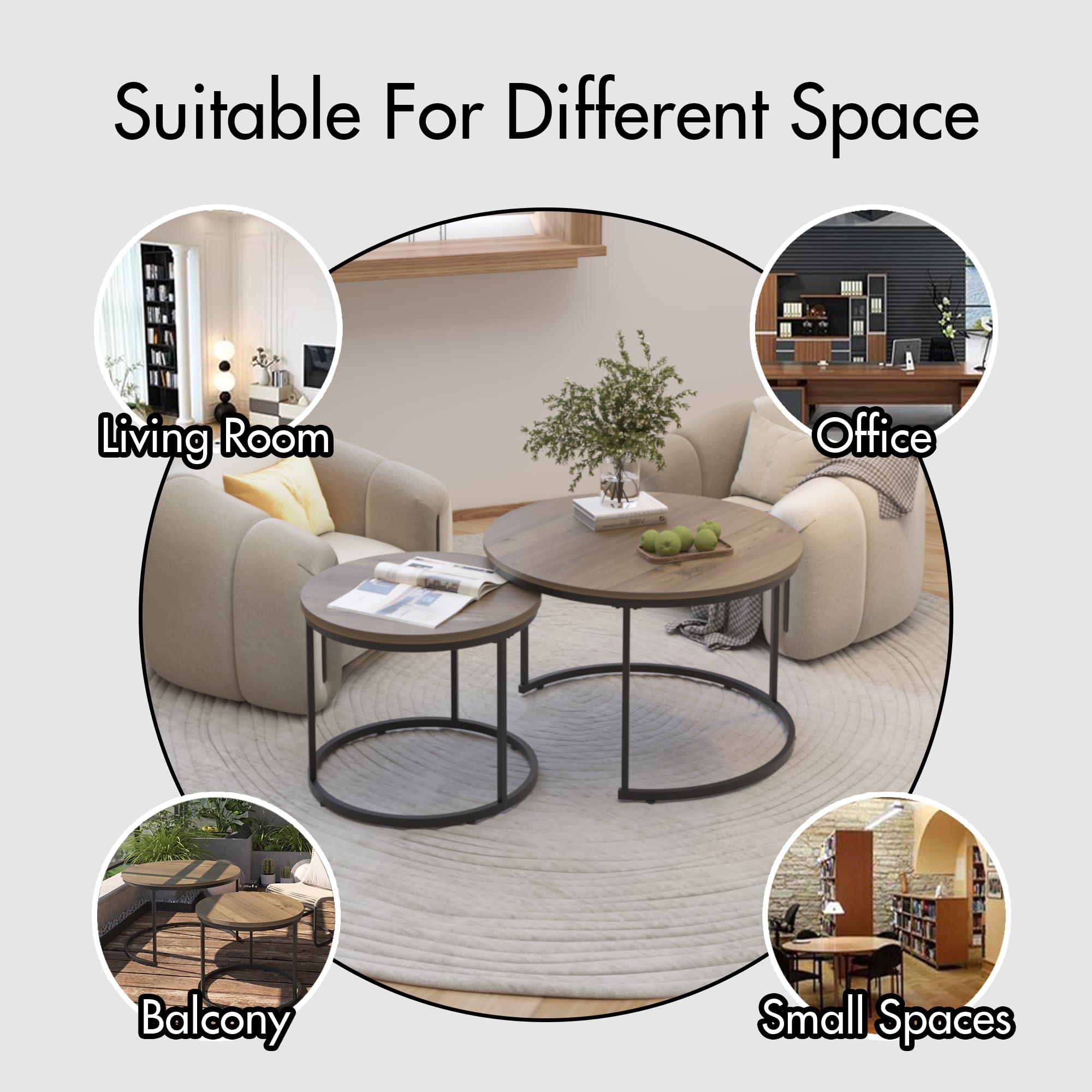 HEPMIMZHU HEPMIMZHU Nesting Coffee Table Set of 2, 27.6inch Round Coffee Table Wood Marble Pattern Top with Sturdy Metal Frame, End Table Side Tables for Living Room Bedroom (Brown)