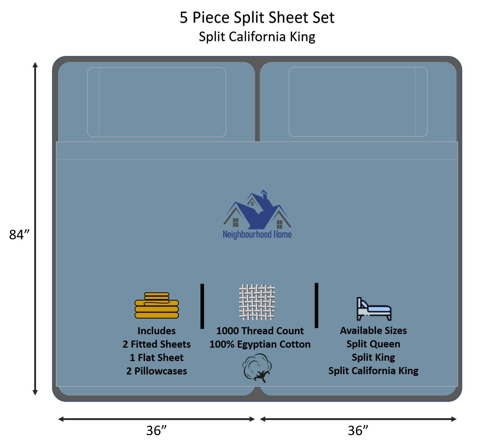 Neighbourhood Home Split California King Egyptian Cotton Sheets Sets for Adjustable Bed 22-Inch Extra Deep Pocket- 1000-Thread-Count, 100% Egyptian Cotton 5-PC Sheet Set Soft Breathable Sateen Weave - Mediterranean Blue