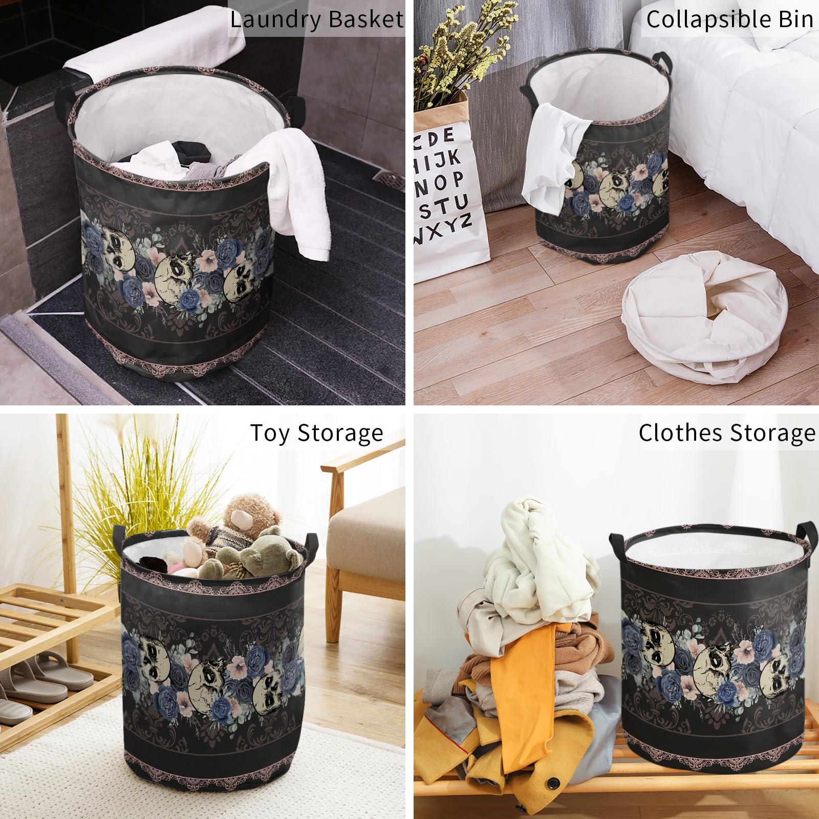 Shine-Home Halloween Laundry Basket,Collapsible Bag with Easy Carry Handles,Small Waterproof Foldable Freestanding Hamper,Folding Bin Clothes Storage Round Go-thic Spooky Horror Skulls Romantic Rose Flower
