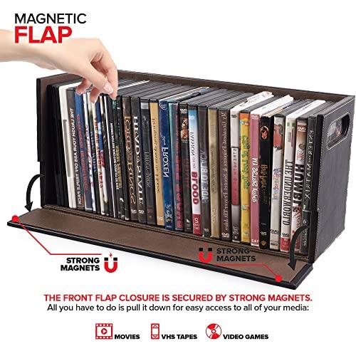 Stock Your Home Stock Your Home DVD Storage Box, Movie Shelf Organizer for Blu-Ray, Video Game Cases, CDs, VHS Tape Display Stand, Disc Holder Can Store Up to 28 DVDs, Faux Leather (Brown)