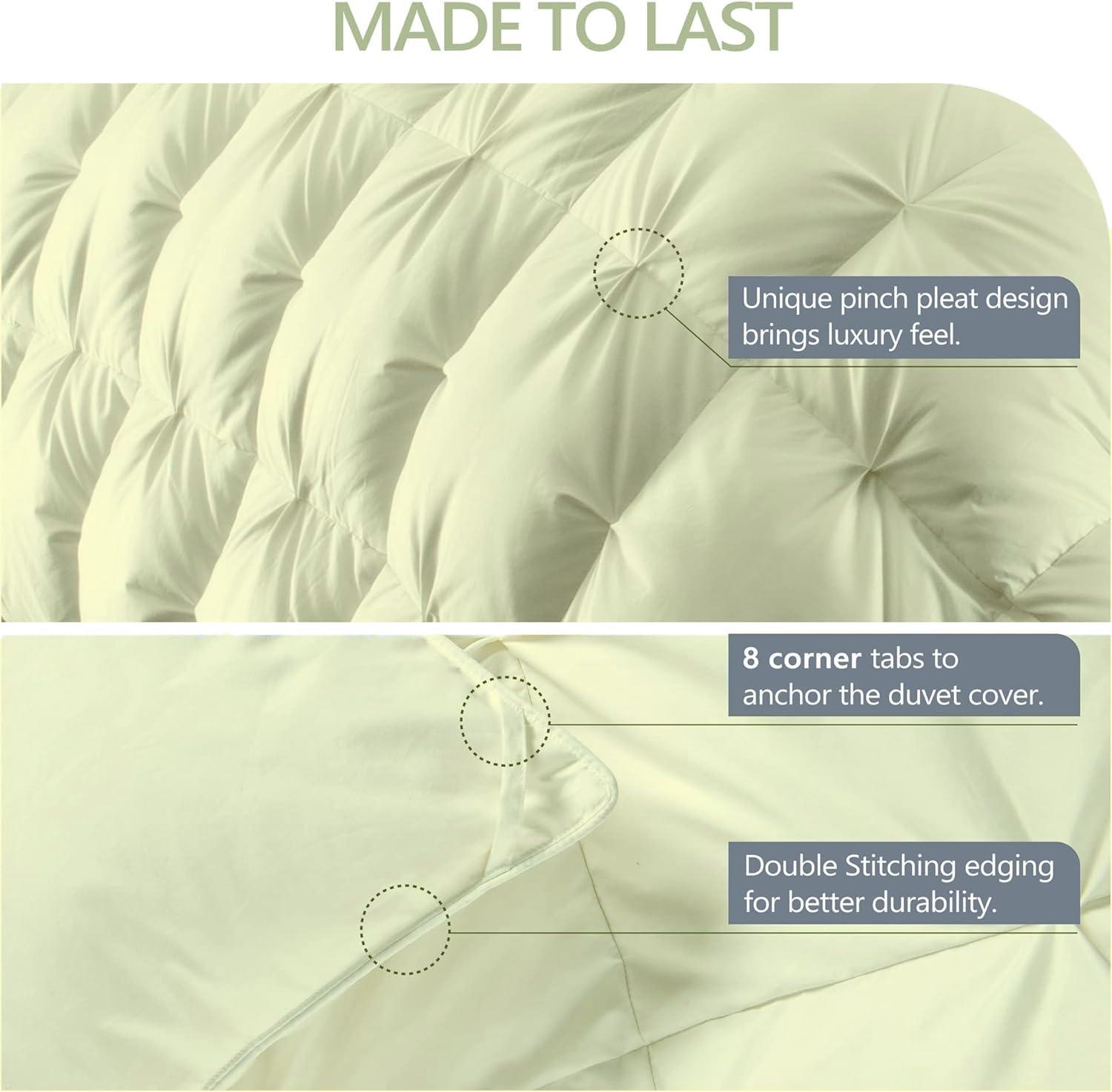 RJ BEDDING All Season-Down Alternative Comforter, 100% Organic Cotton 1000TC, Standard Queen (88\"X88\"), 600GSM Duvet Insert, Corner TABS, Fluffy, Soft, Light Weight, Ivory