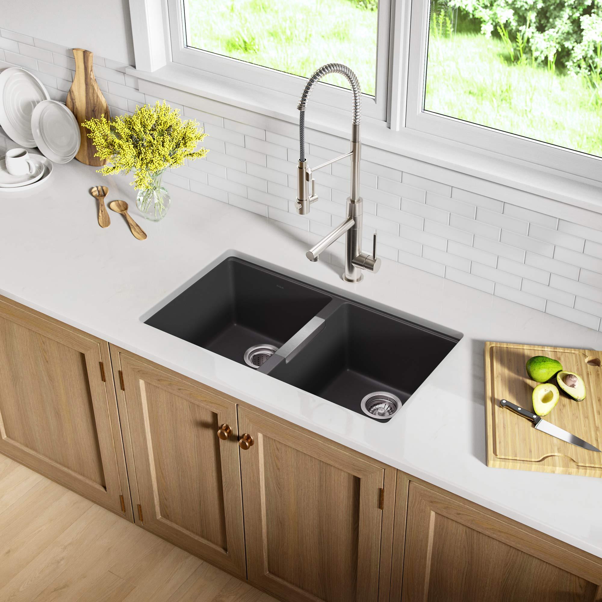 Kraus KRAUS Quarza 33-inch Undermount 50/50 Double Bowl Granite Kitchen Sink in Black Onyx, KGU-434B