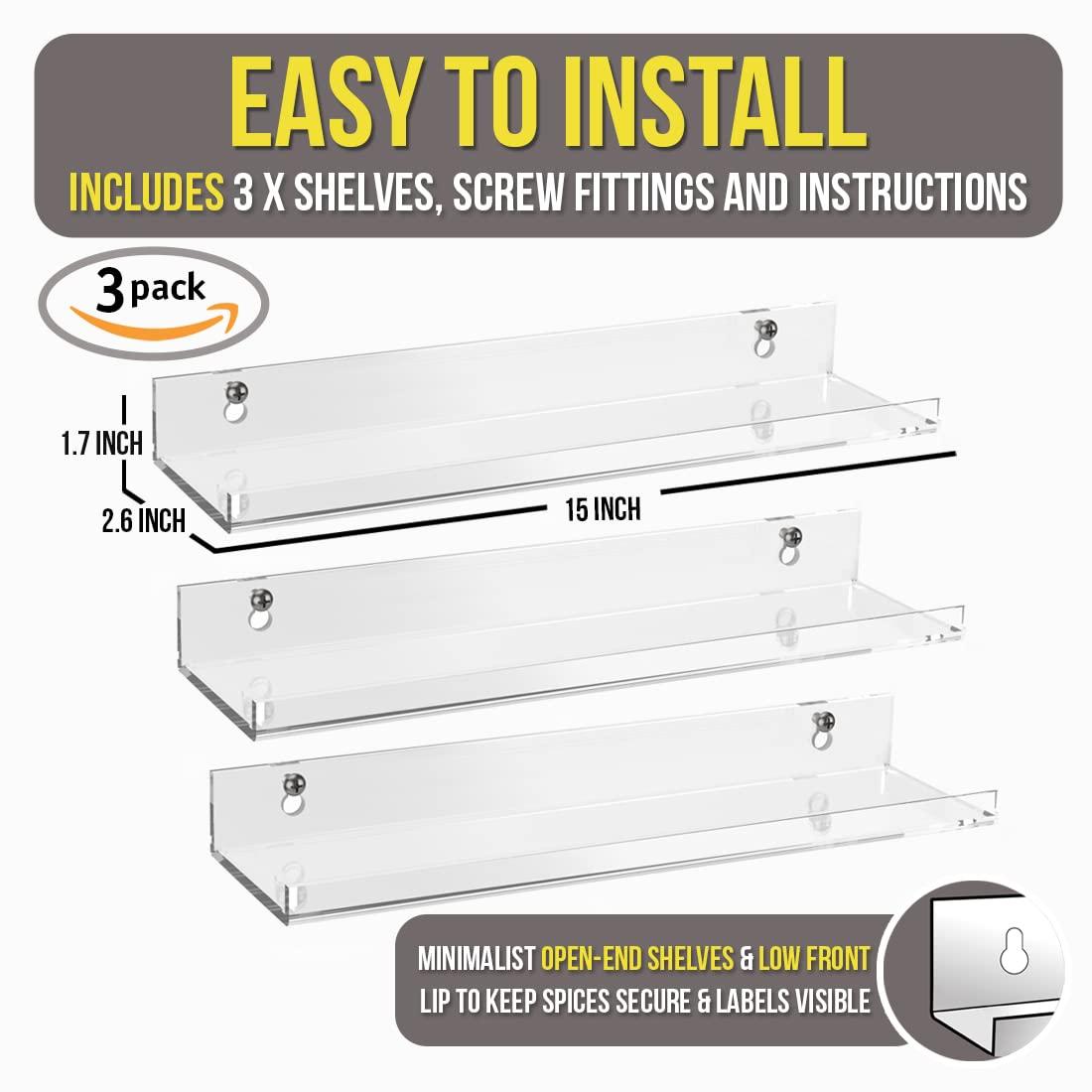 Pretty Display Pretty Display Wall Mounted Spice Rack Shelves [3-Pack] - Clear Acrylic 15\" Spice Shelves with Open Shelf Ends
