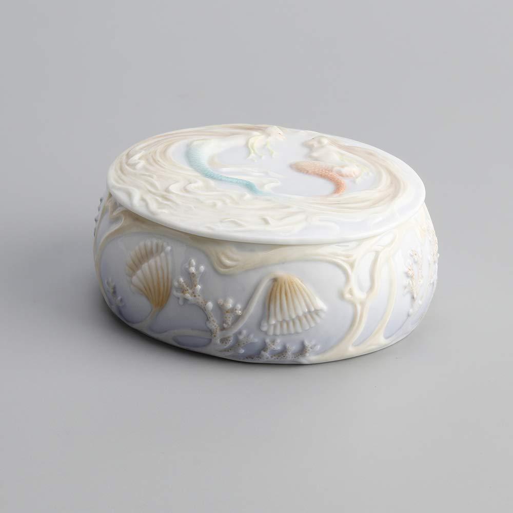 US 4.5 Inch Glazed Porcelain Trinket Box Pink Mermaid Blue Mermaid