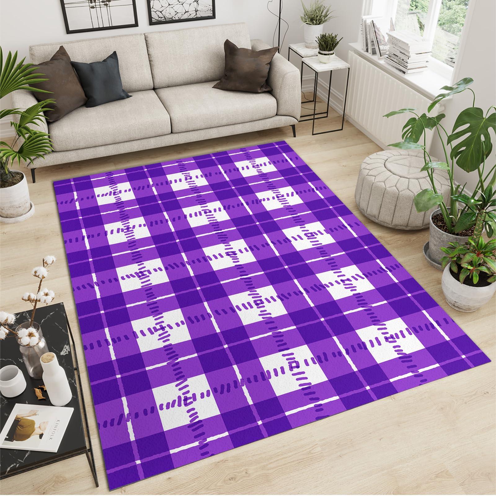 FACADUP Area Rug 7'x9' Creative Line Grid Purple Rugs, Exquisite Check Purple Area Rugs, Indoor Entrance Thin Rug Ultra Soft Throw Floor Carpet for Bathroom Laundry Room